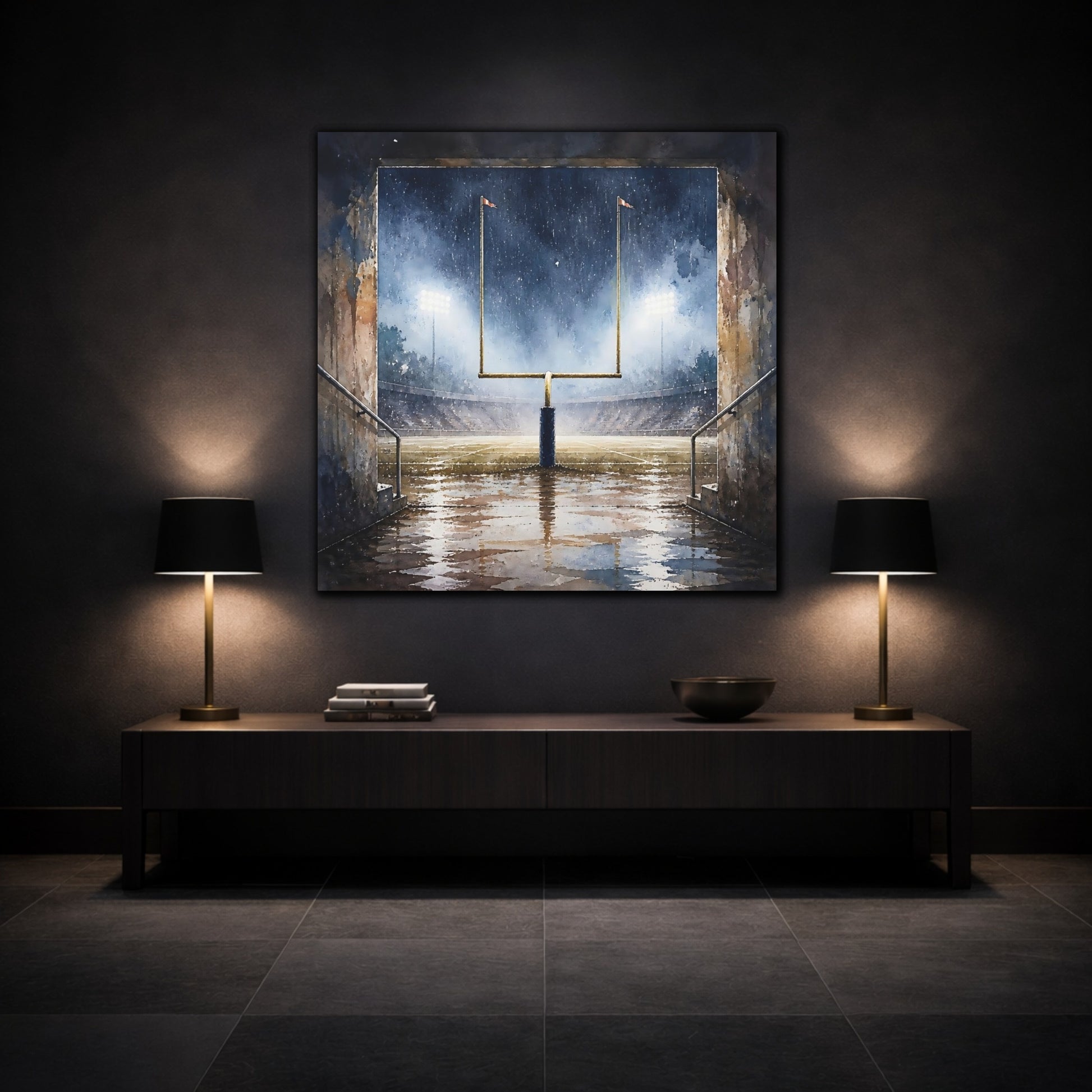 Mockup 3. Rainy Night Goalpost shown as canvas print
