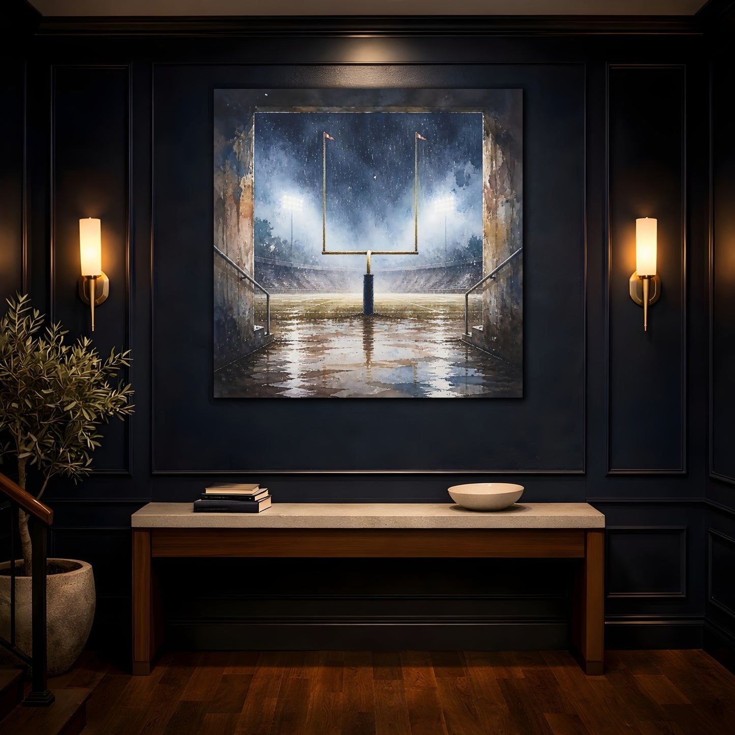 Mockup 4. Rainy Night Goalpost shown as canvas print