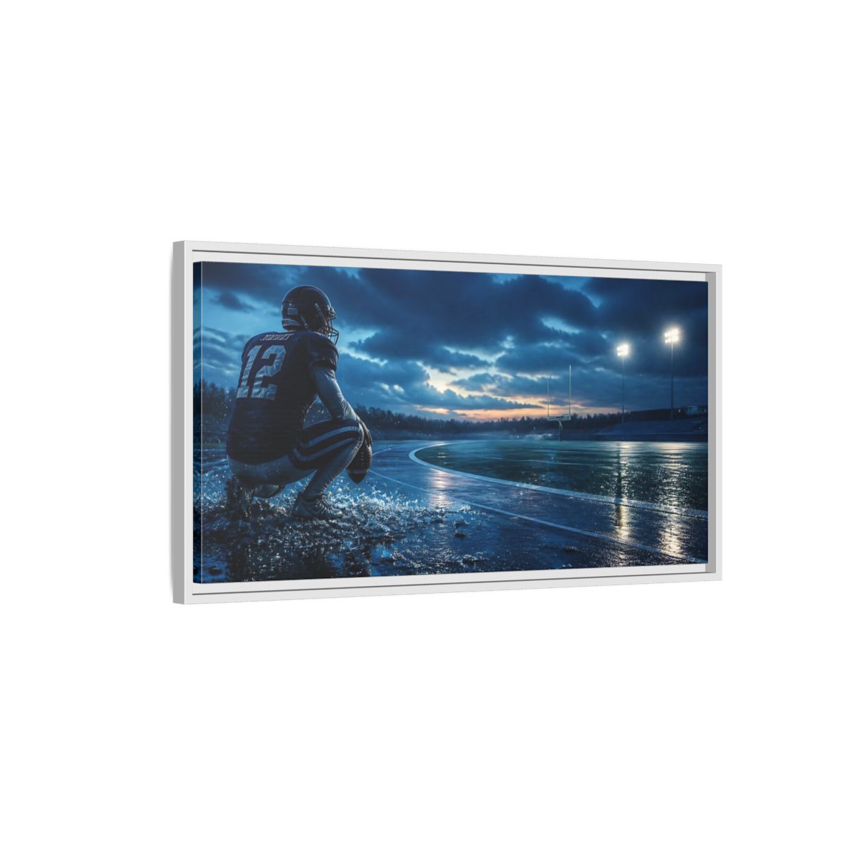 Side Mockup 1. Rainy Night Quarterback shown as framed canvas print