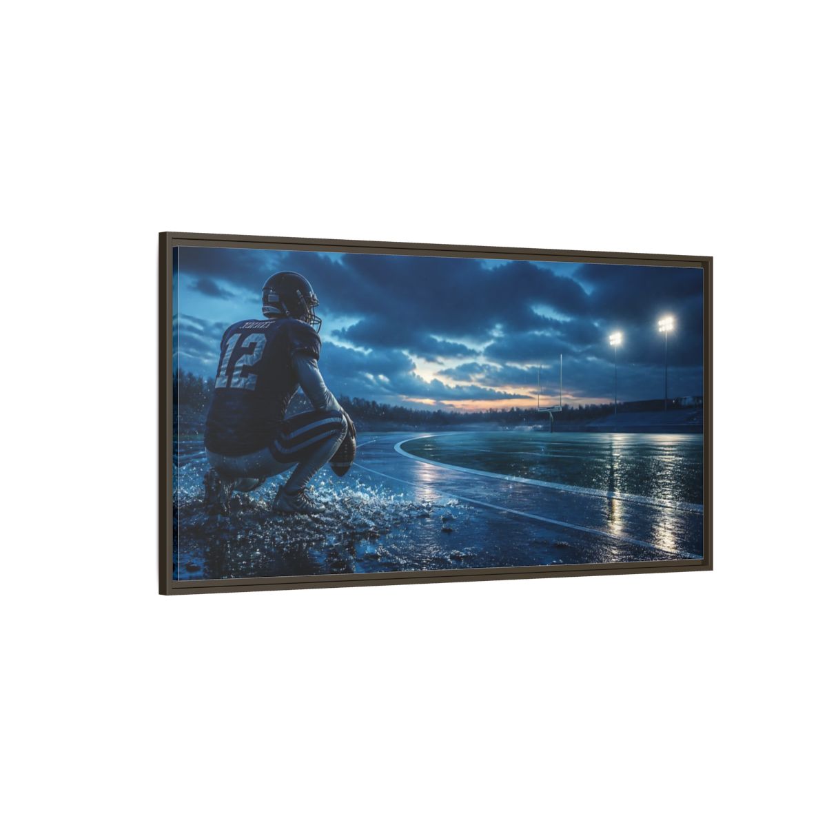 Side Mockup 4. Rainy Night Quarterback shown as framed canvas print