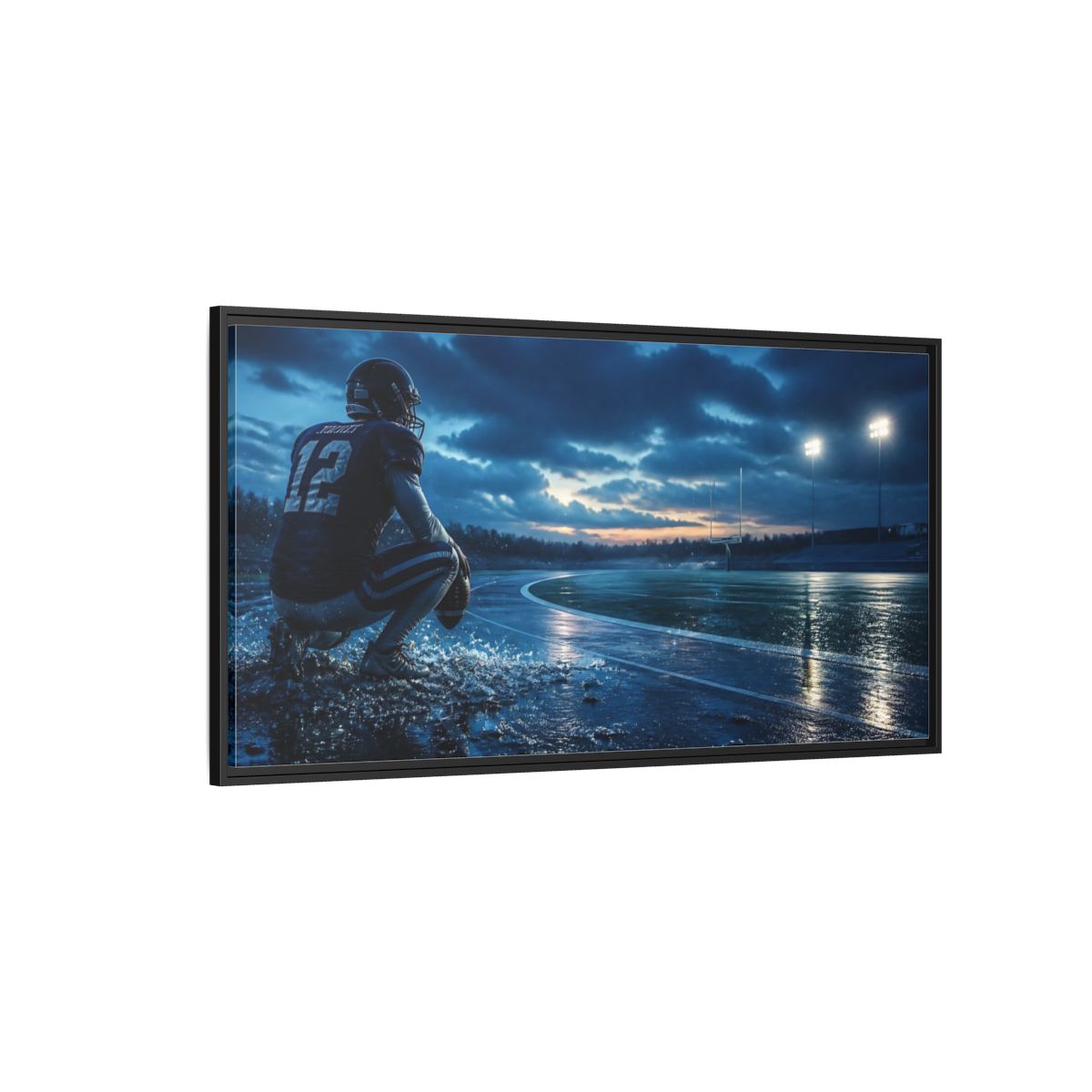 Side Mockup 5. Rainy Night Quarterback shown as framed canvas print