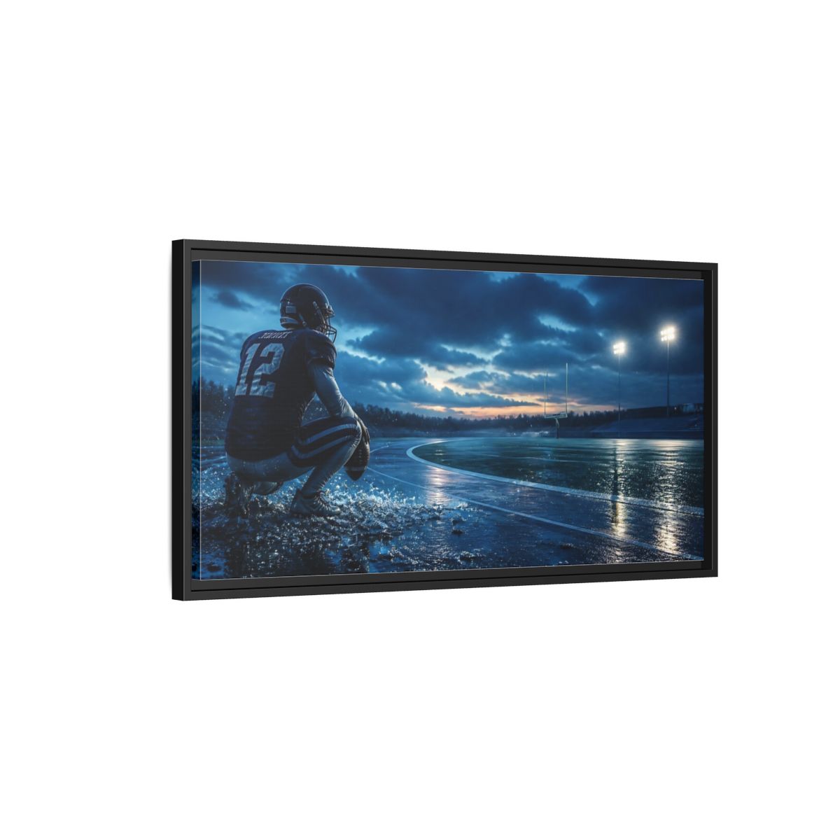 Side Mockup 2. Rainy Night Quarterback shown as framed canvas print