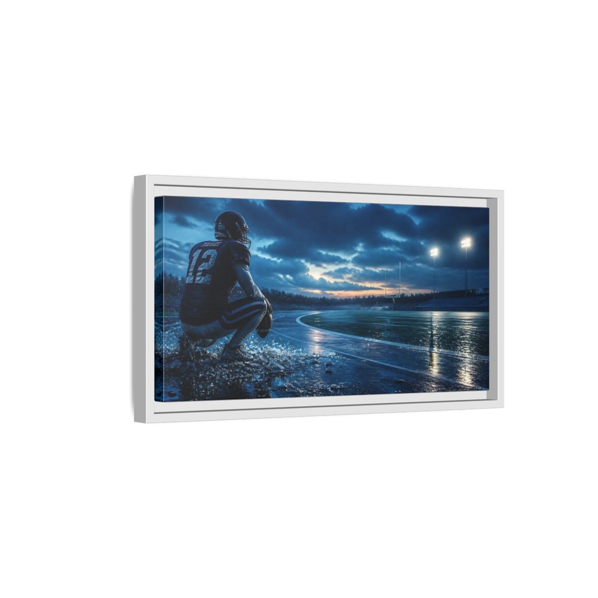Side Mockup 6. Rainy Night Quarterback shown as framed canvas print