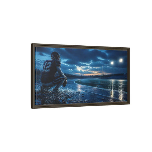 Main Mockup. Rainy Night Quarterback shown as framed canvas print