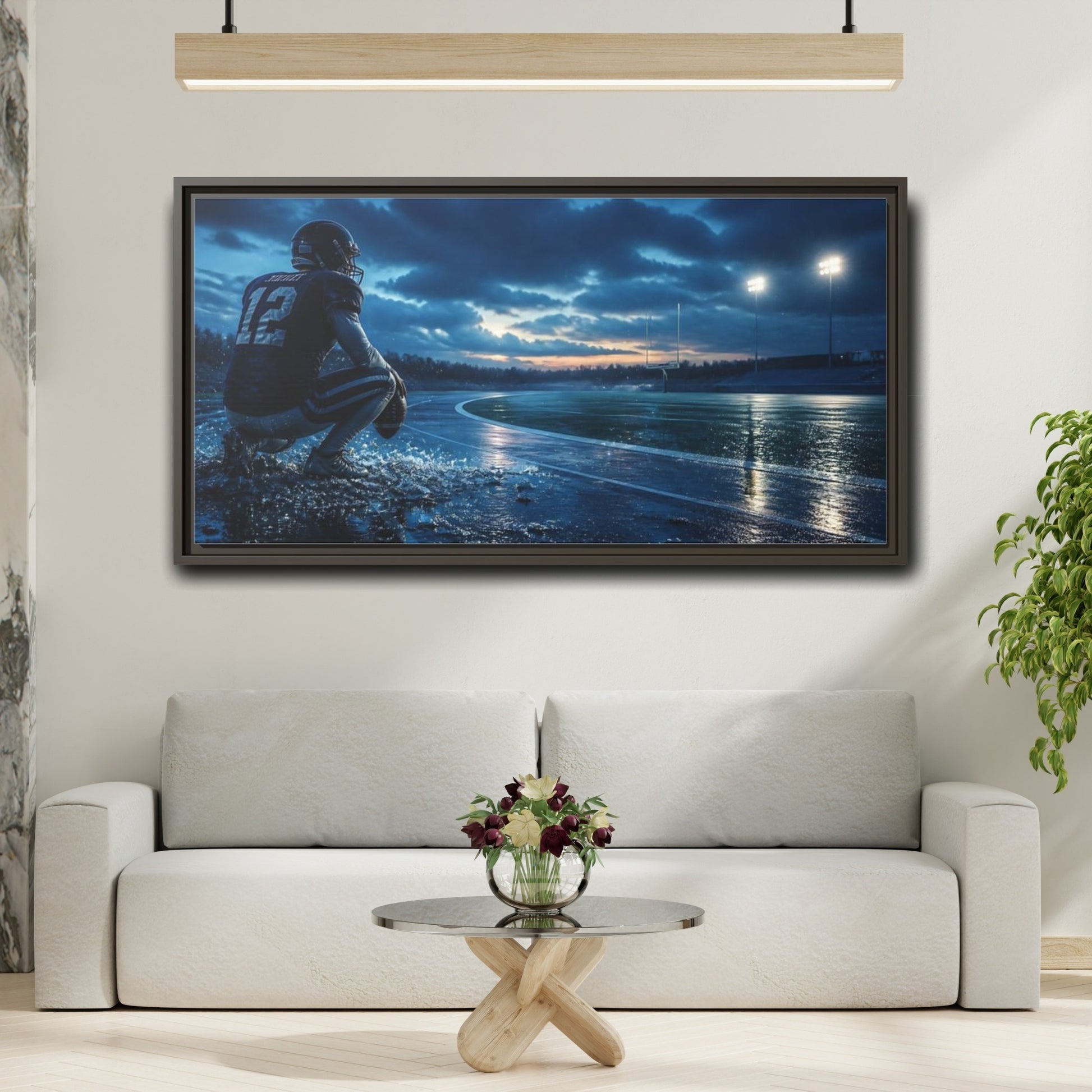 Mockup 2. Rainy Night Quarterback shown as framed canvas print