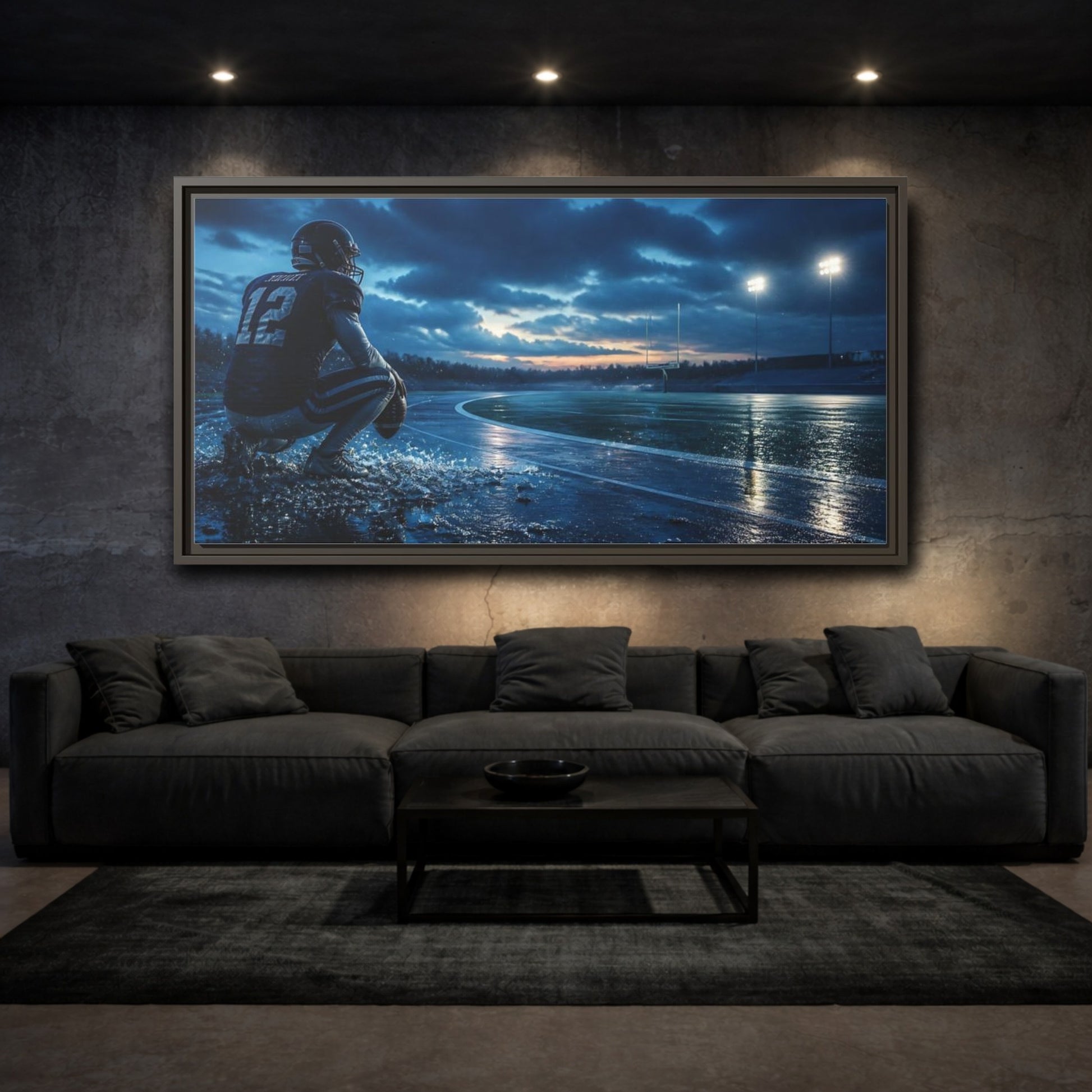 Mockup 3. Rainy Night Quarterback shown as framed canvas print