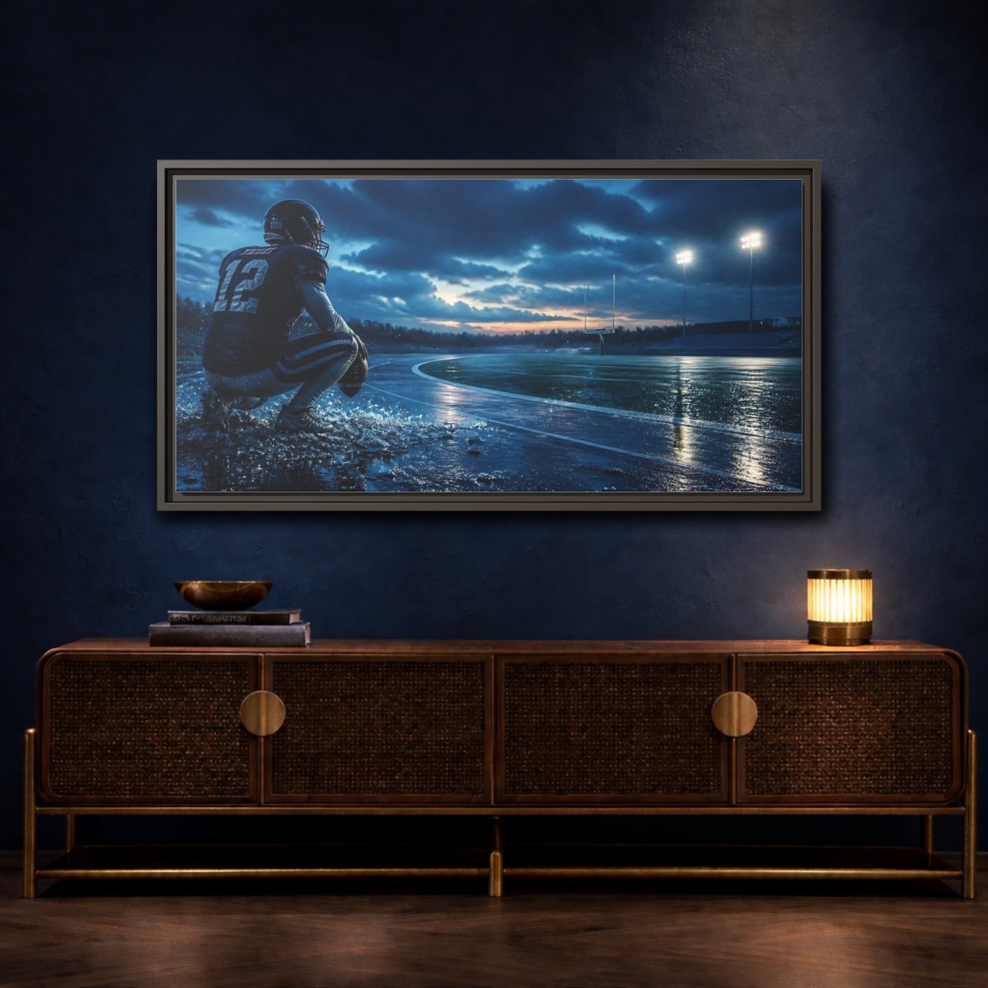 Mockup 4. Rainy Night Quarterback shown as framed canvas print
