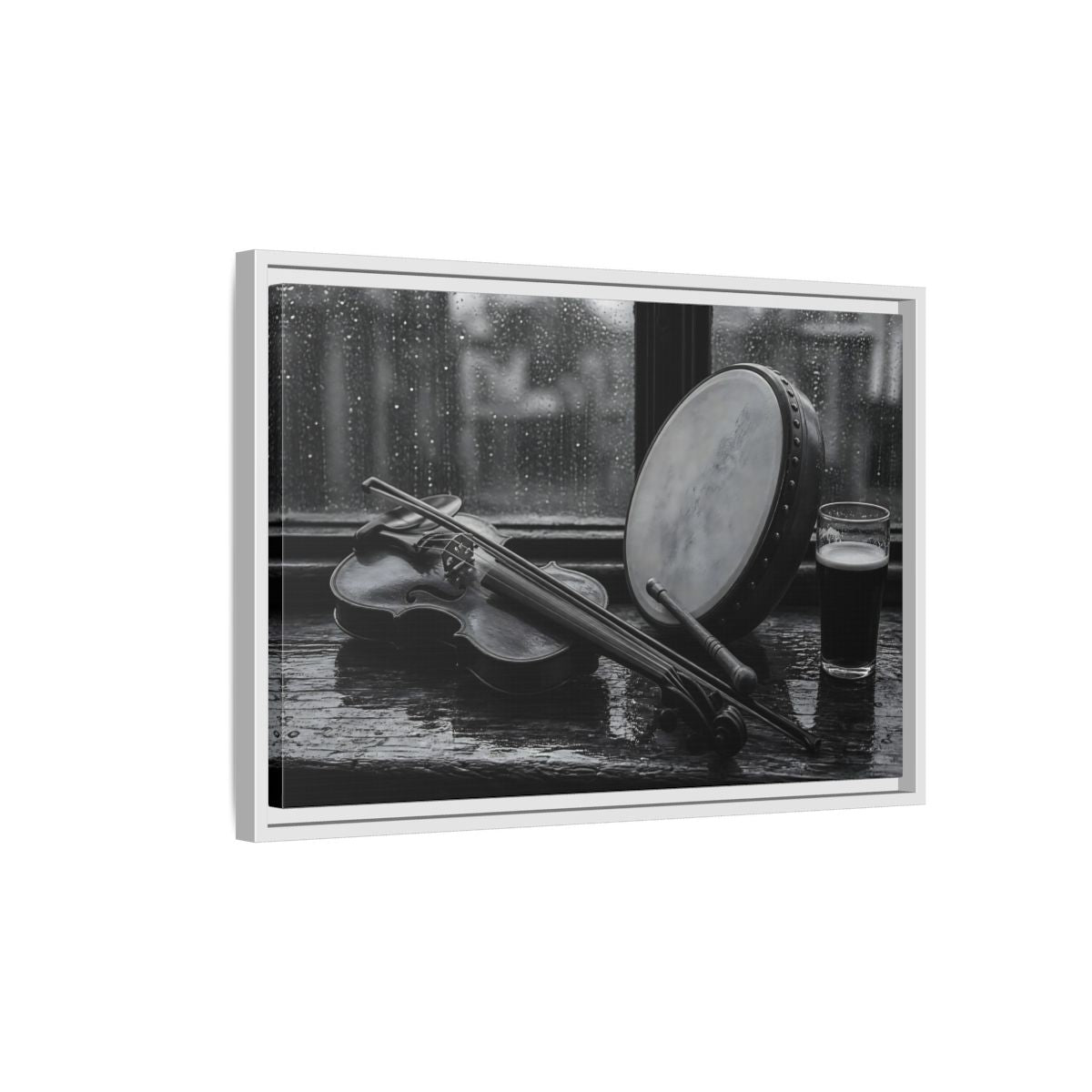 Side Mockup 1. Rainy Pub Fiddle shown as framed canvas print