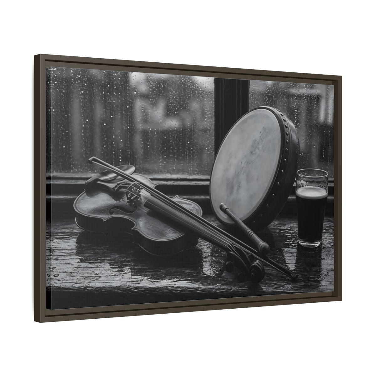 Side Mockup 11. Rainy Pub Fiddle shown as framed canvas print