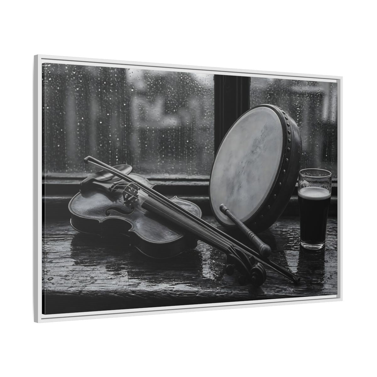 Side Mockup 7. Rainy Pub Fiddle shown as framed canvas print
