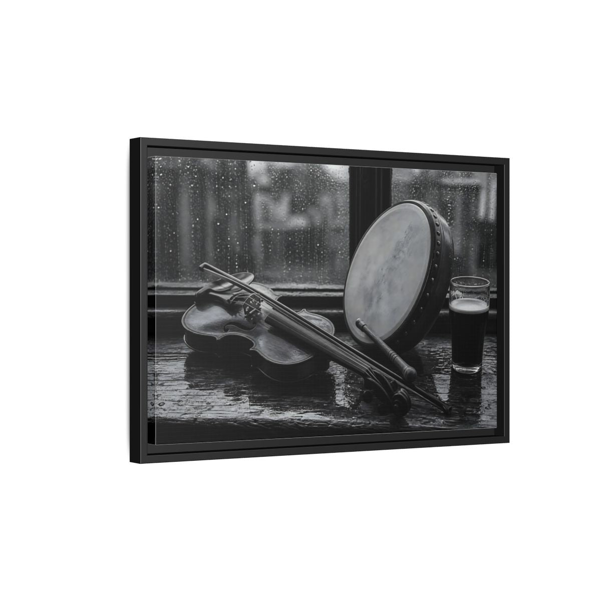 Side Mockup 3. Rainy Pub Fiddle shown as framed canvas print