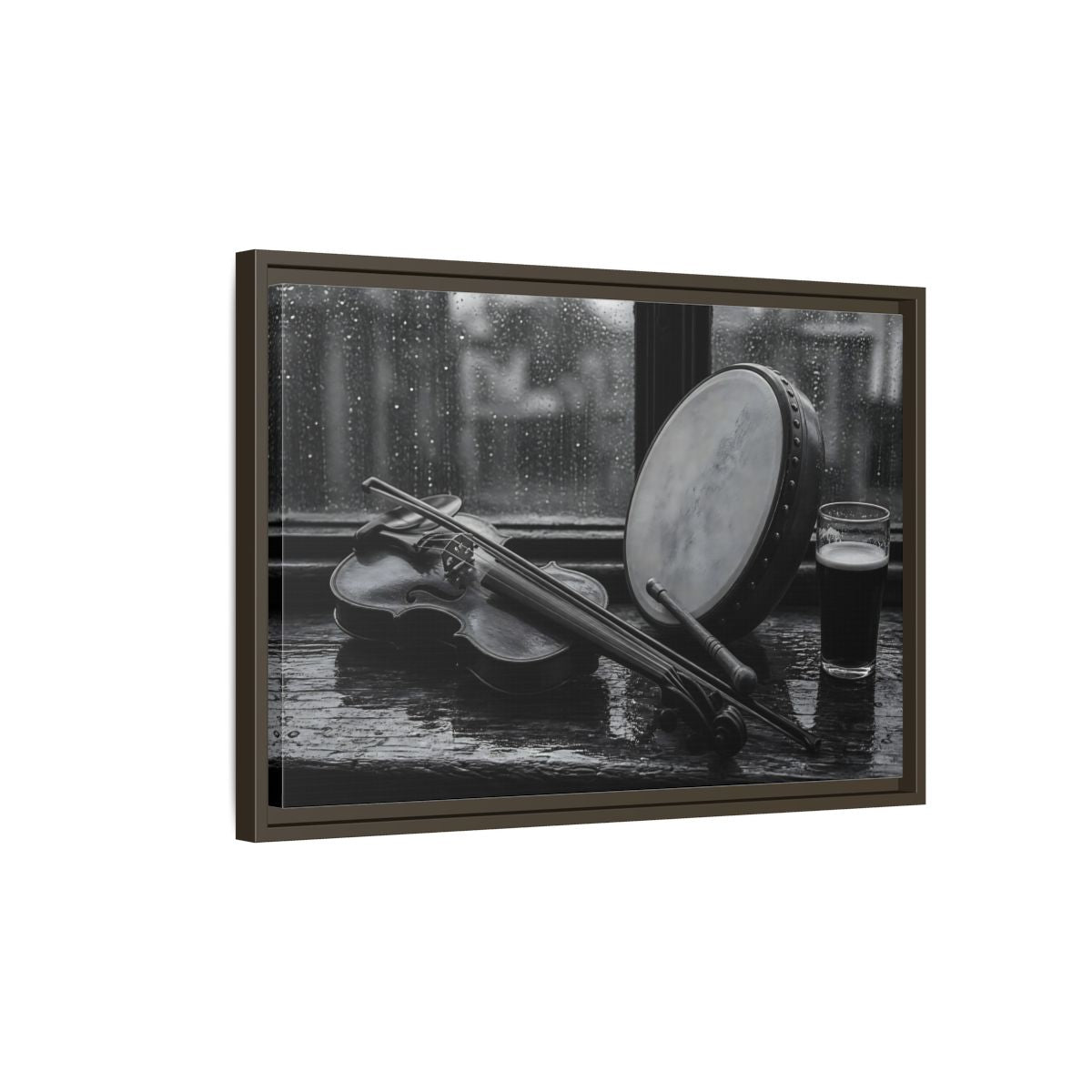 Side Mockup 2. Rainy Pub Fiddle shown as framed canvas print