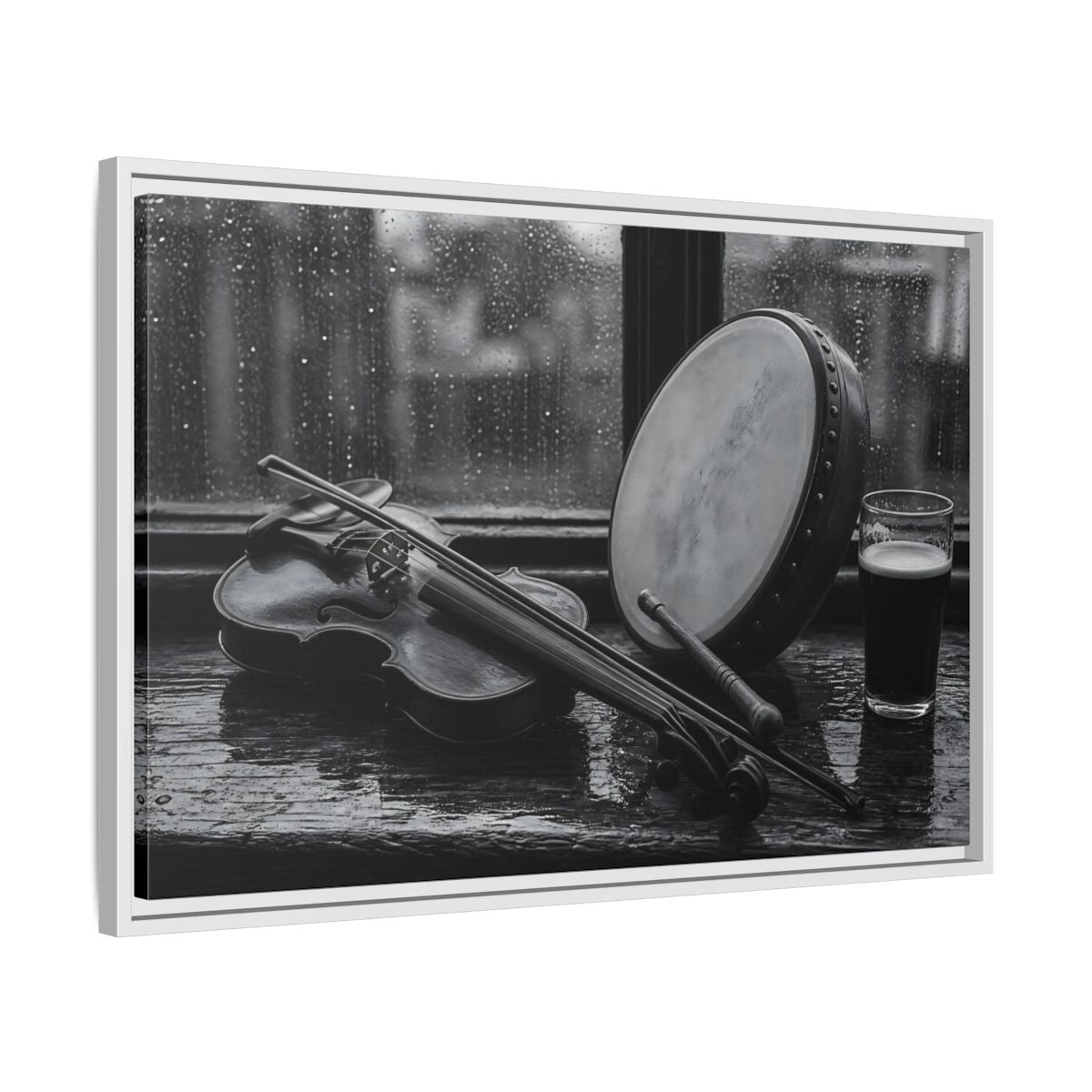 Side Mockup 10. Rainy Pub Fiddle shown as framed canvas print