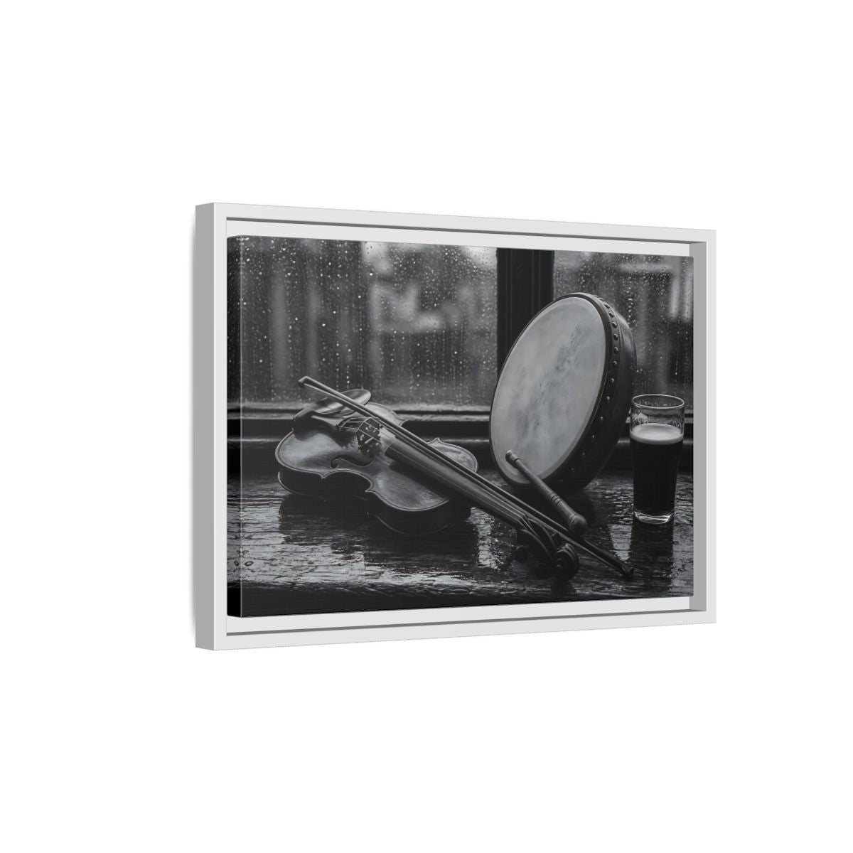 Side Mockup 4. Rainy Pub Fiddle shown as framed canvas print
