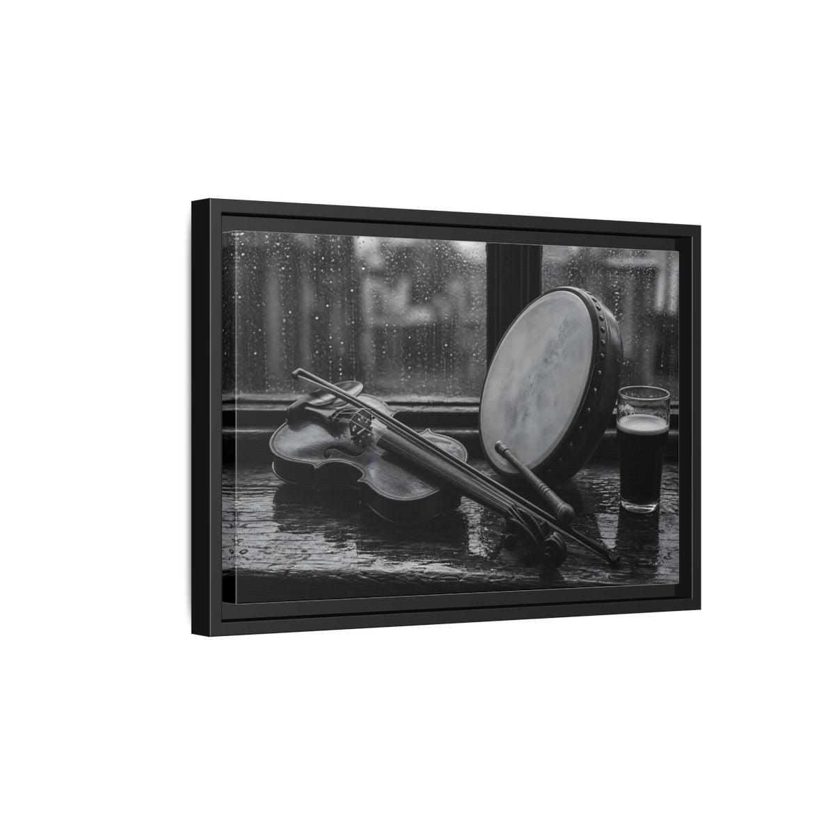 Side Mockup 6. Rainy Pub Fiddle shown as framed canvas print