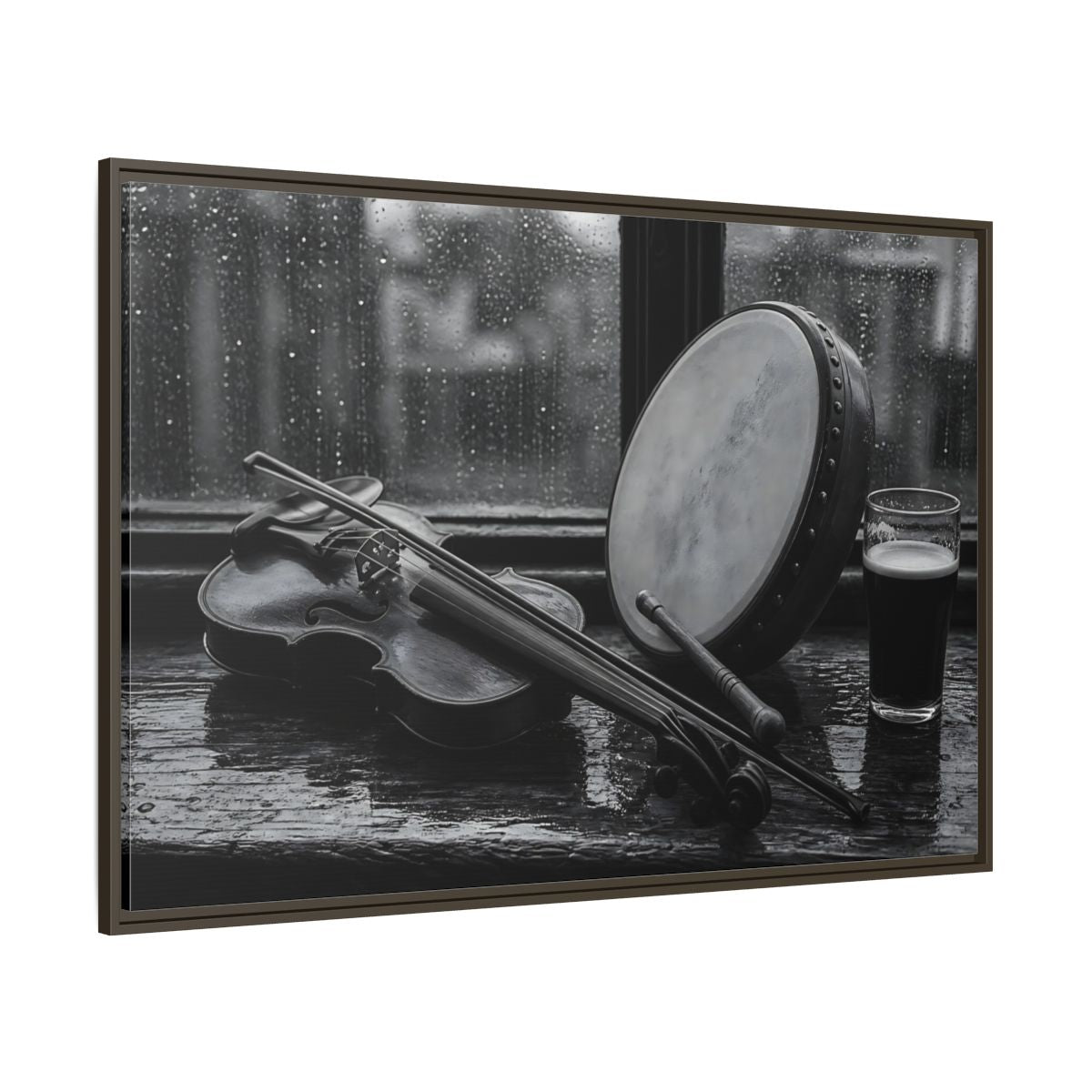 Side Mockup 8. Rainy Pub Fiddle shown as framed canvas print