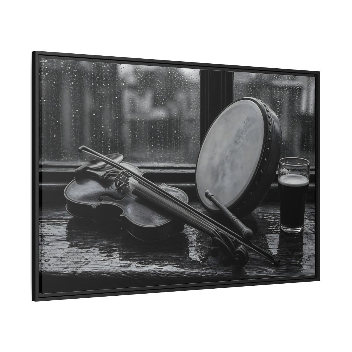 Side Mockup 12. Rainy Pub Fiddle shown as framed canvas print