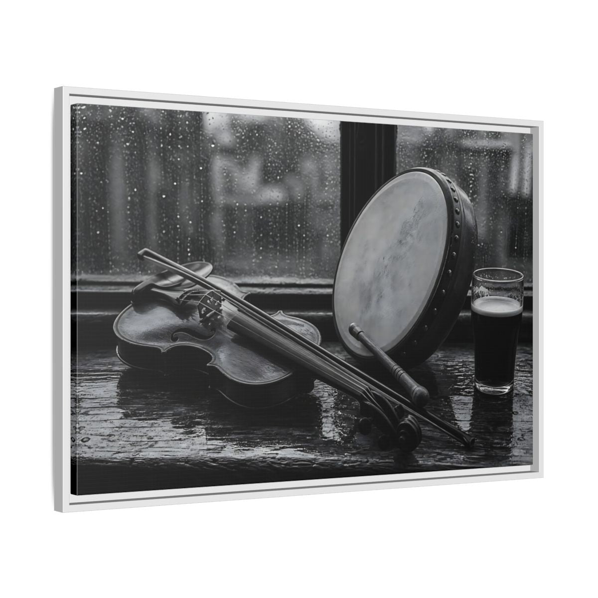 Side Mockup 9. Rainy Pub Fiddle shown as framed canvas print
