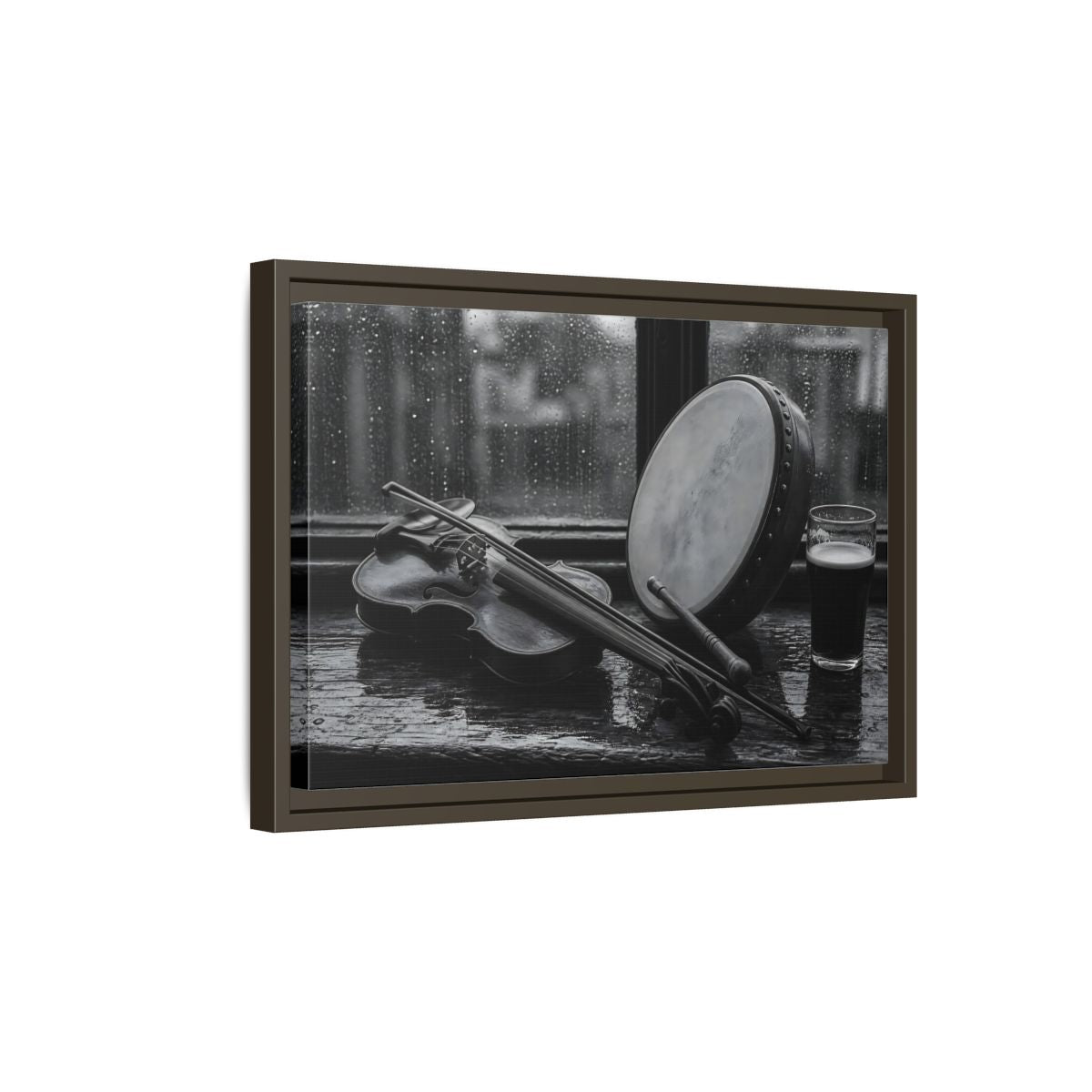 Side Mockup 5. Rainy Pub Fiddle shown as framed canvas print