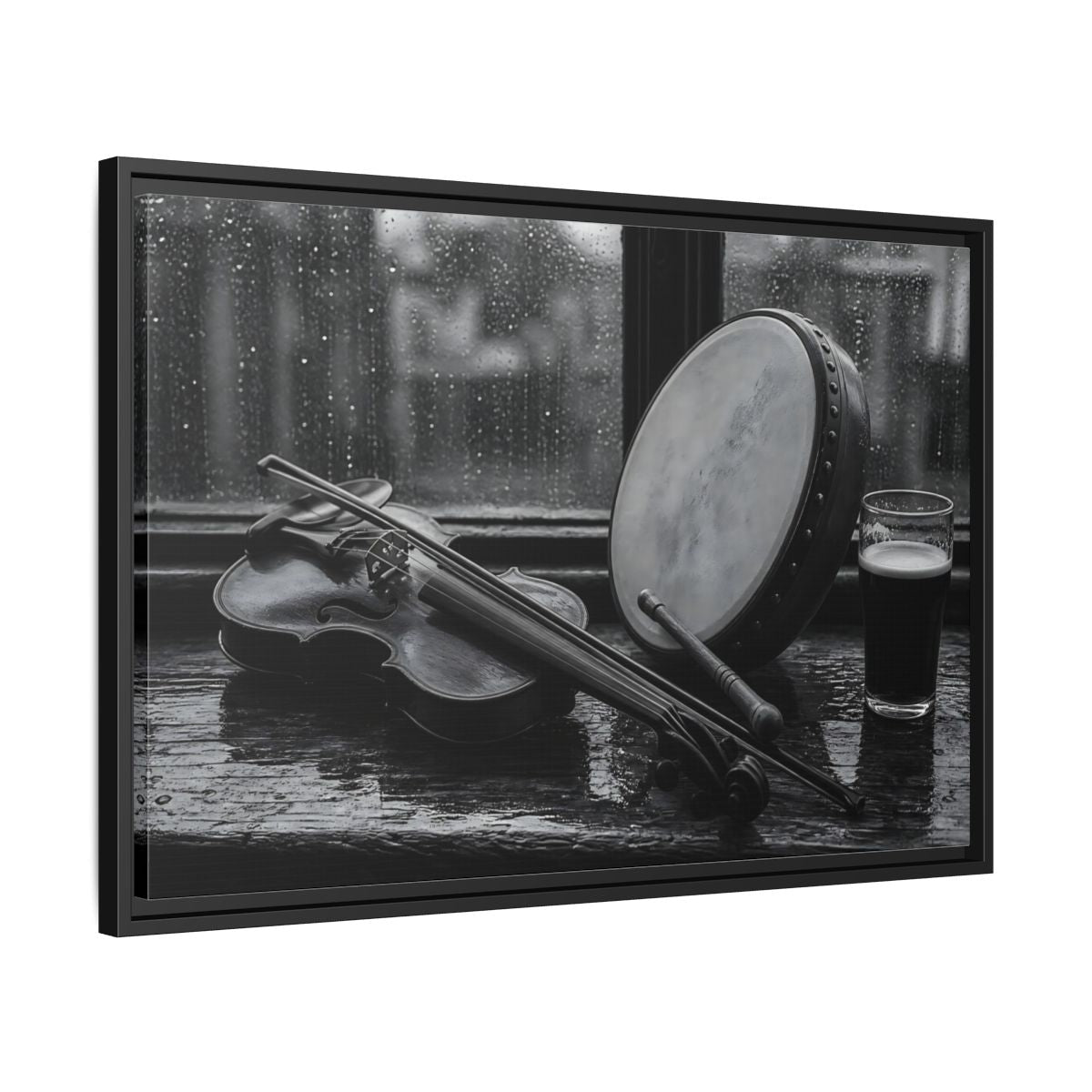 Side Mockup 14. Rainy Pub Fiddle shown as framed canvas print