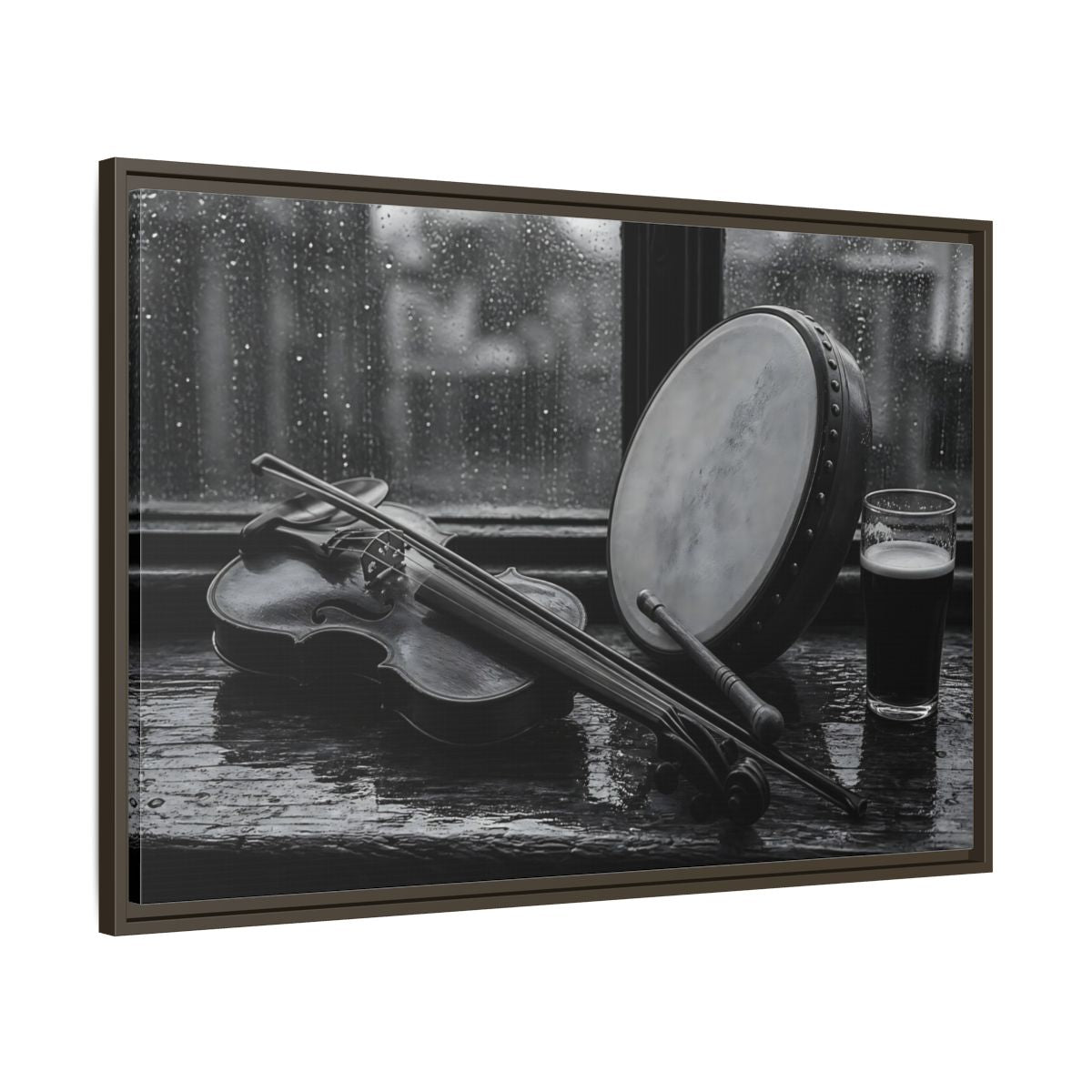 Main Mockup. Rainy Pub Fiddle shown as framed canvas print