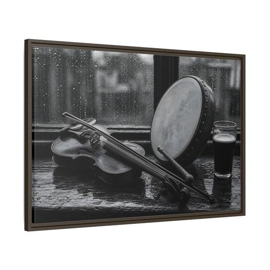 Main Mockup. Rainy Pub Fiddle shown as framed canvas print