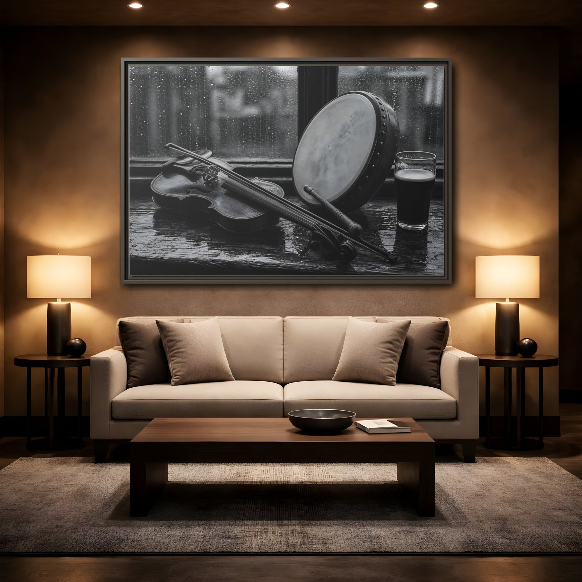 Mockup 2. Rainy Pub Fiddle shown as framed canvas print