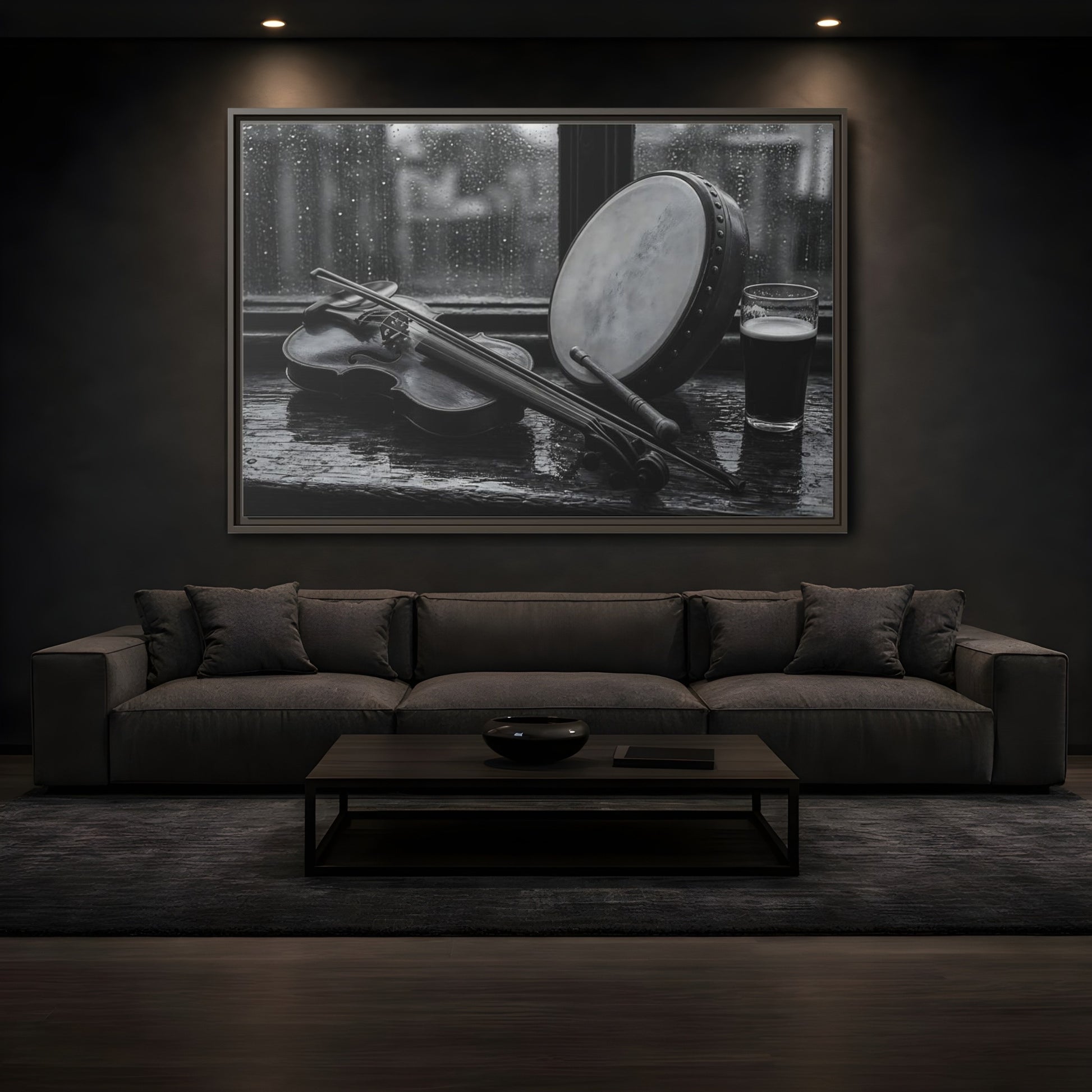 Mockup 3. Rainy Pub Fiddle shown as framed canvas print