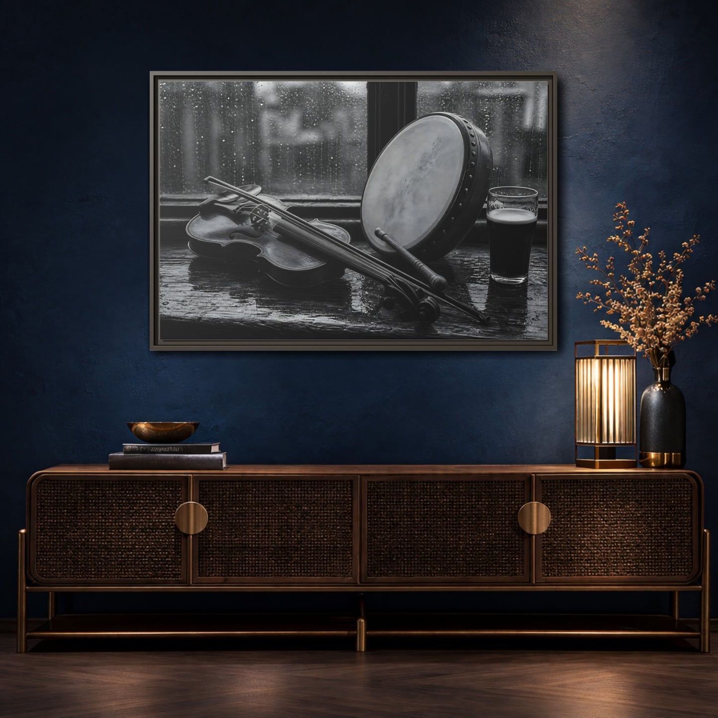 Mockup 4. Rainy Pub Fiddle shown as framed canvas print