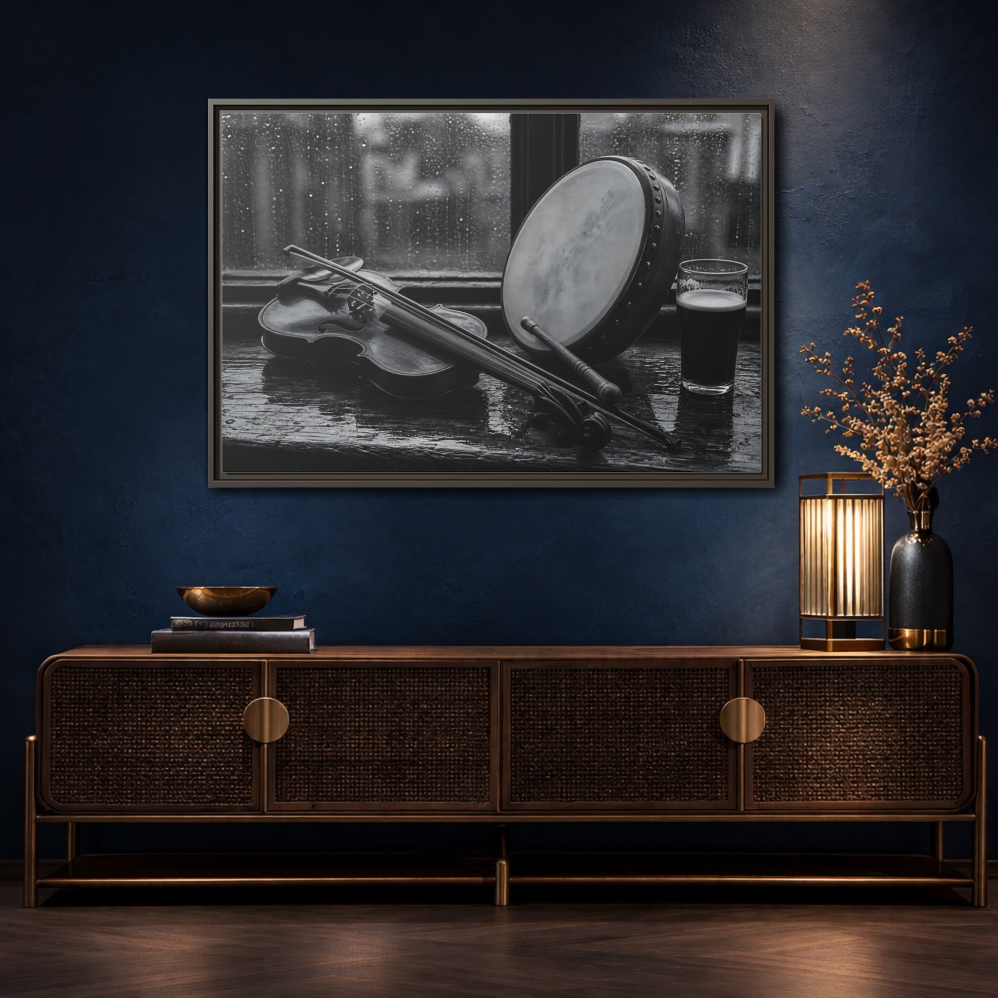 Mockup 4. Rainy Pub Fiddle shown as framed canvas print