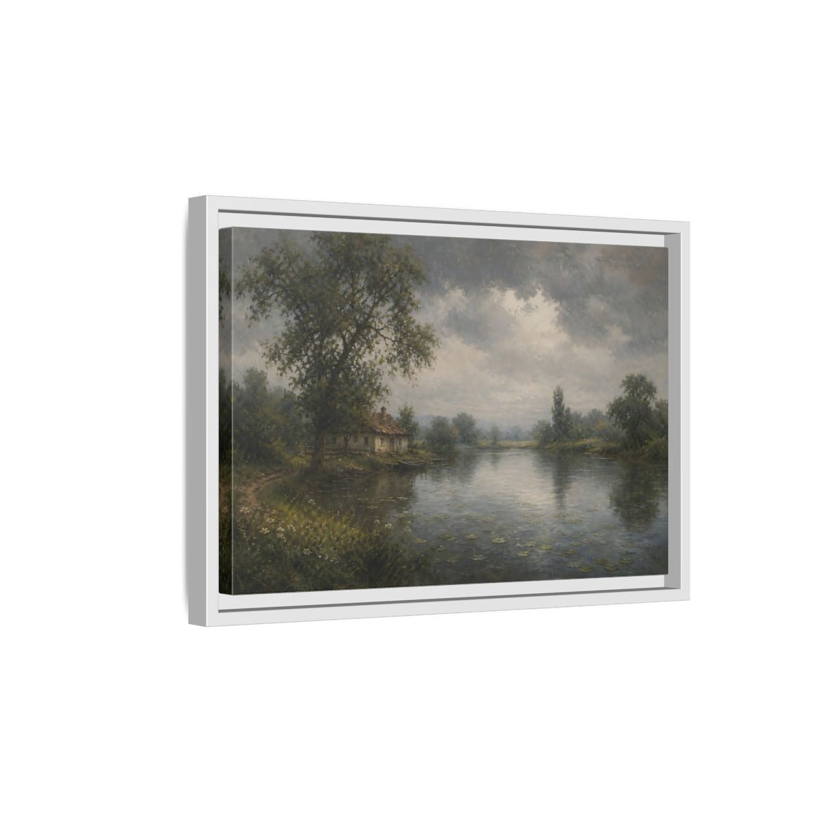 Side Mockup 4. Rainy Riverside Cottage shown as framed canvas print