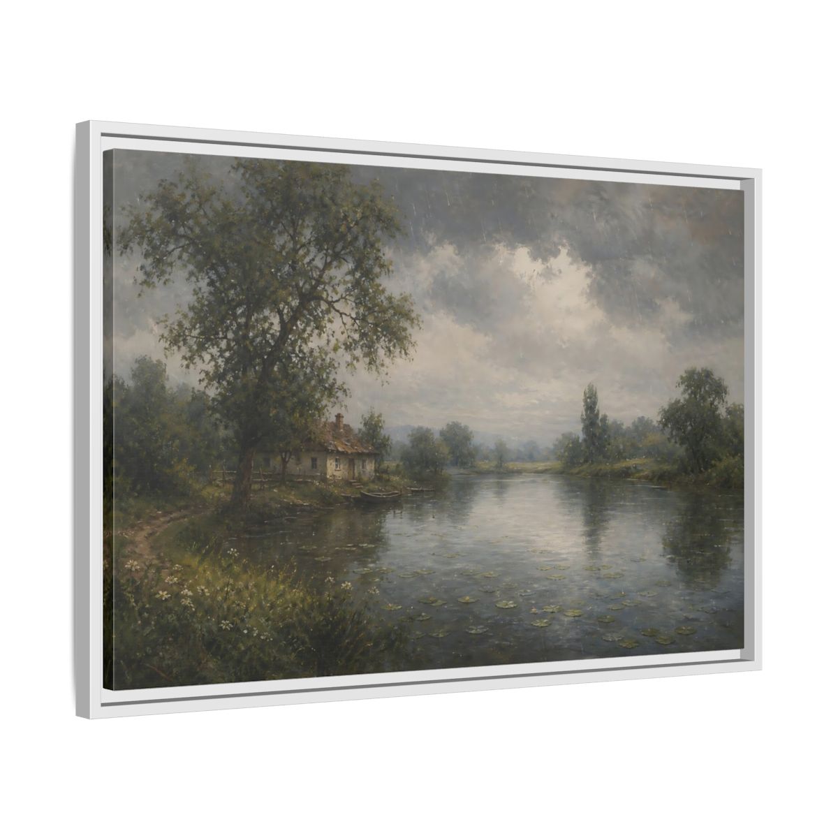 Side Mockup 10. Rainy Riverside Cottage shown as framed canvas print