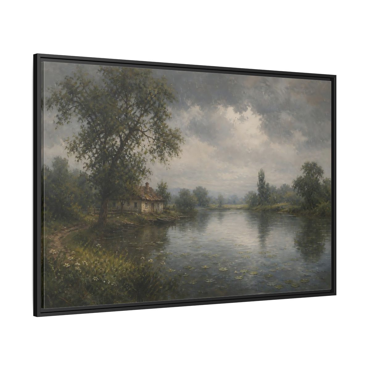 Side Mockup 12. Rainy Riverside Cottage shown as framed canvas print