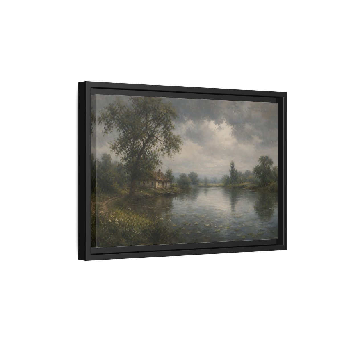 Side Mockup 6. Rainy Riverside Cottage shown as framed canvas print