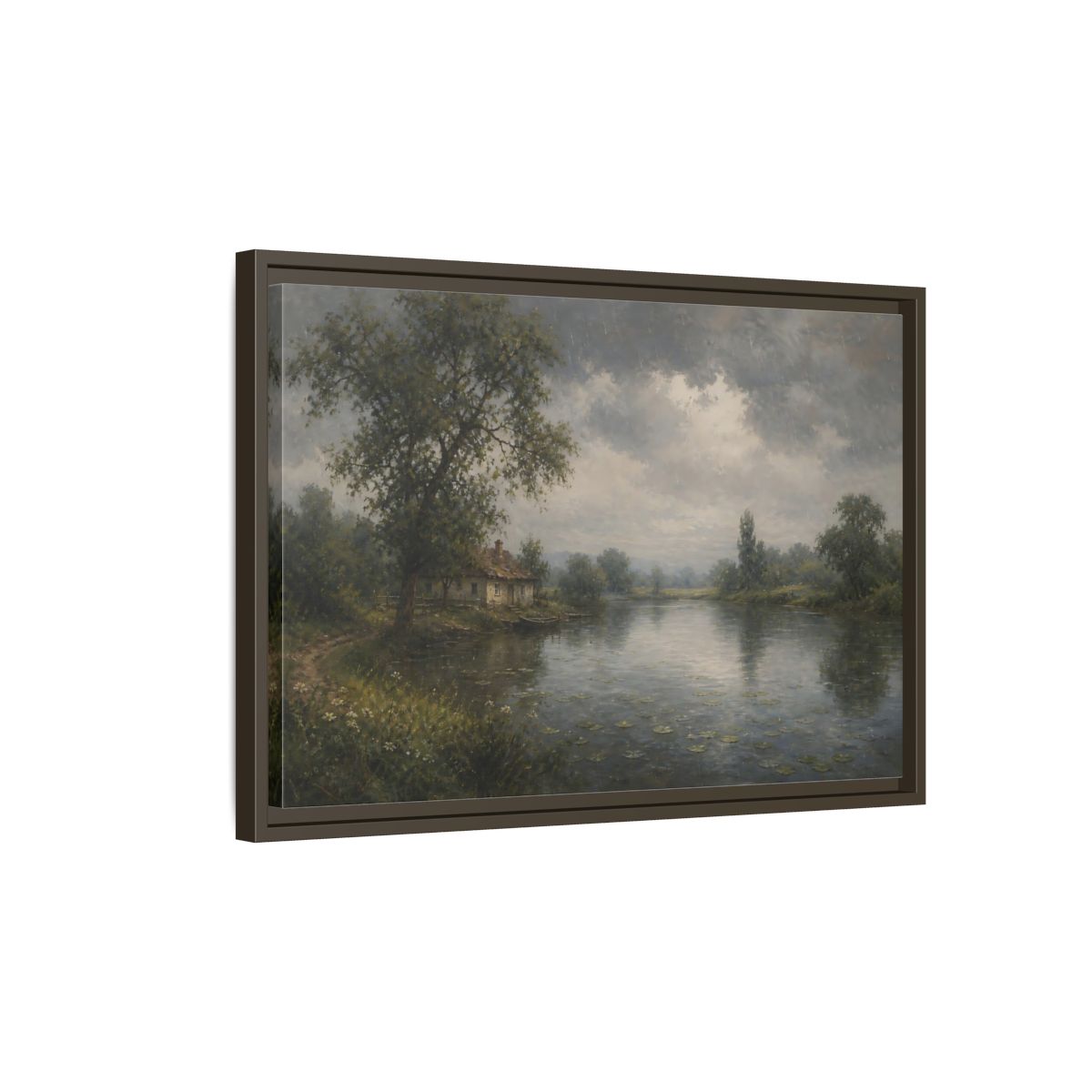 Side Mockup 2. Rainy Riverside Cottage shown as framed canvas print