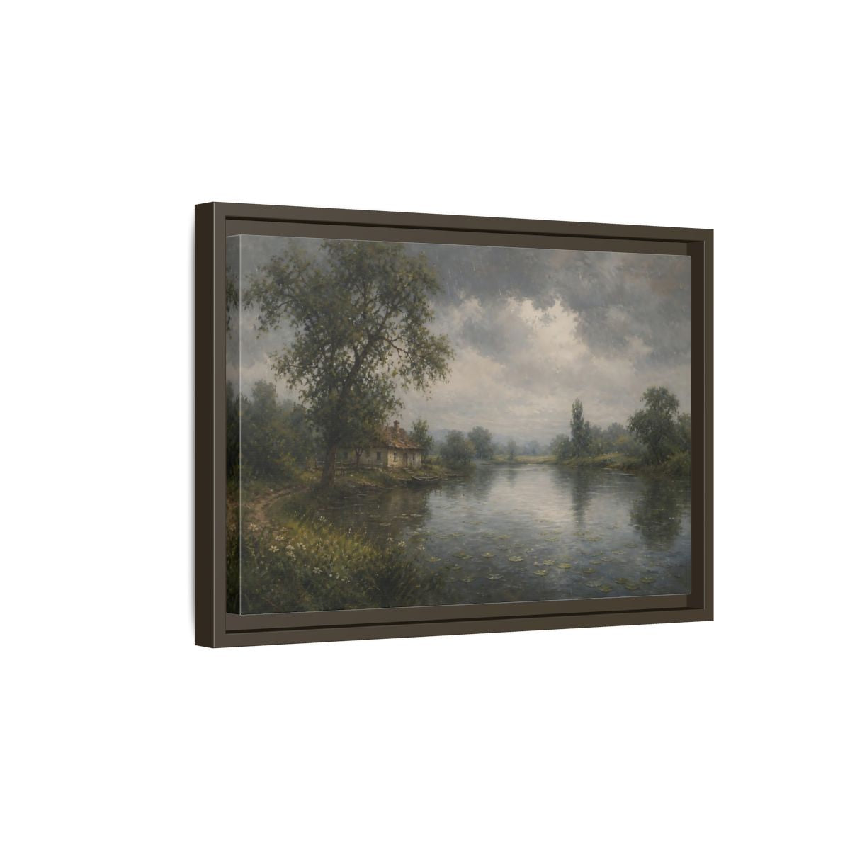 Side Mockup 5. Rainy Riverside Cottage shown as framed canvas print