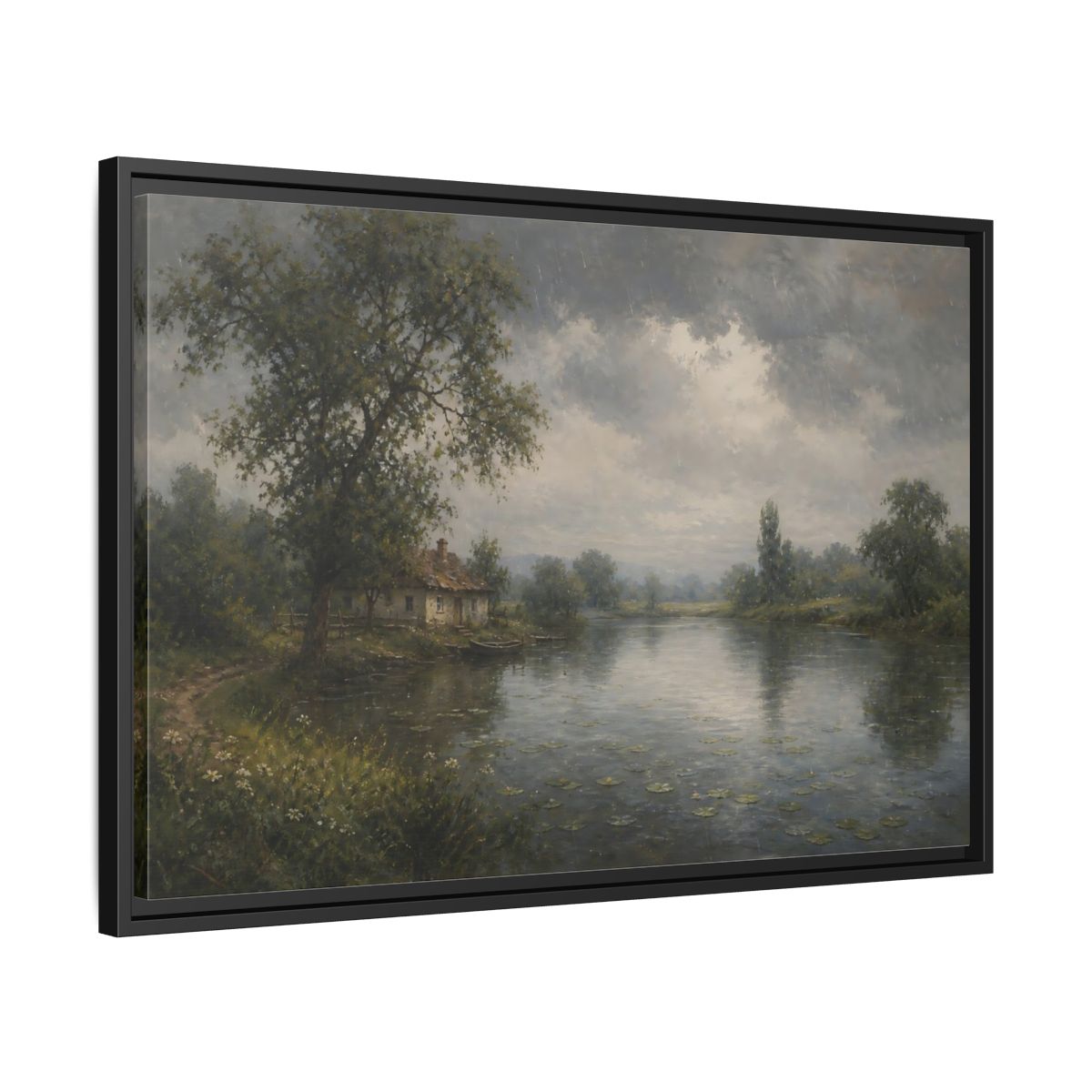 Side Mockup 14. Rainy Riverside Cottage shown as framed canvas print