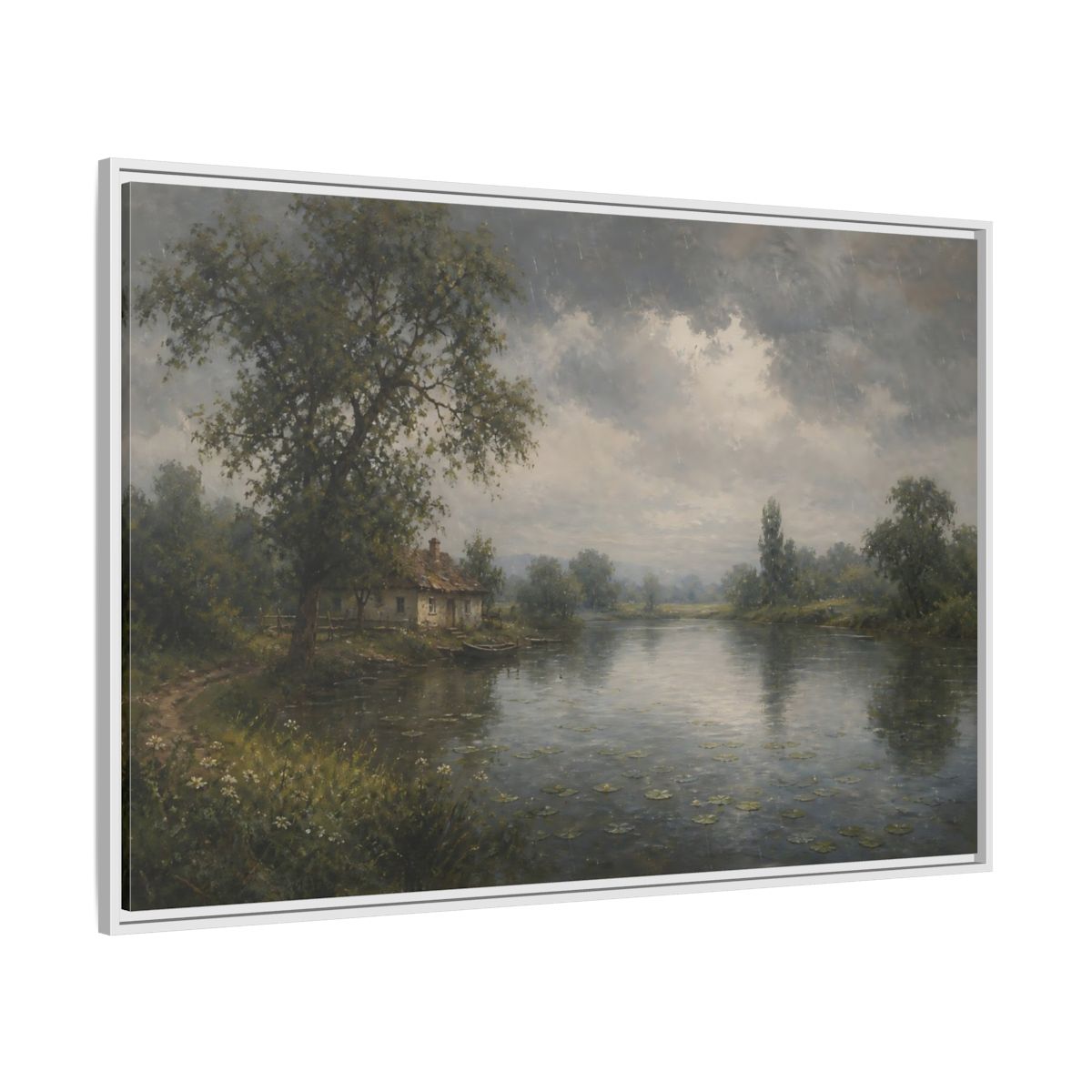 Side Mockup 7. Rainy Riverside Cottage shown as framed canvas print