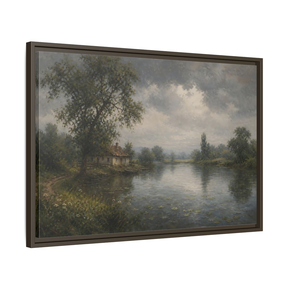 Side Mockup 11. Rainy Riverside Cottage shown as framed canvas print