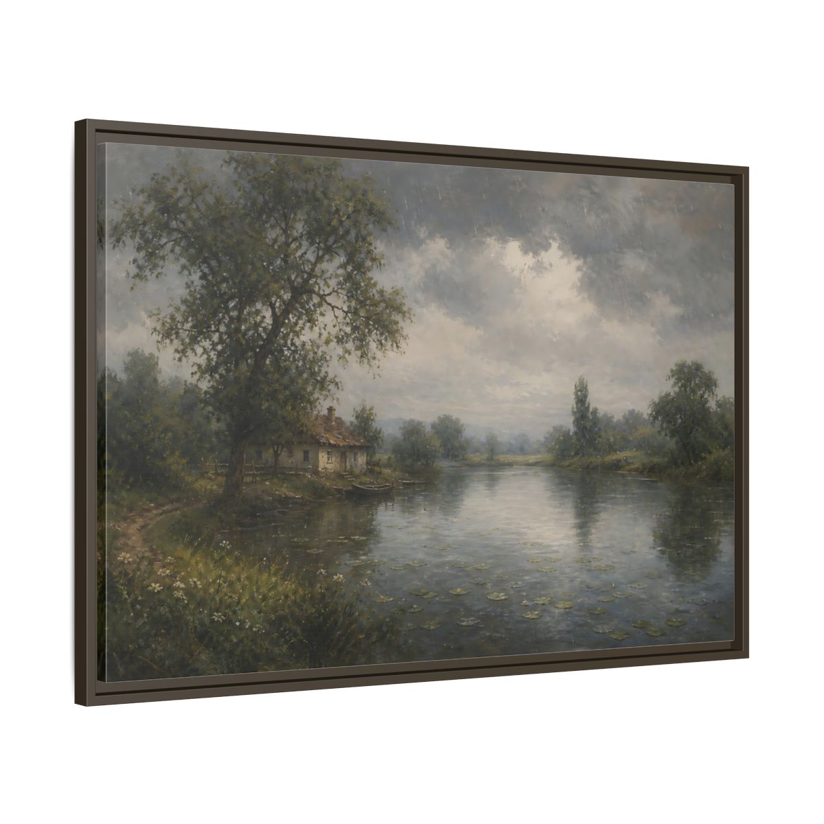 Main Mockup. Rainy Riverside Cottage shown as framed canvas print