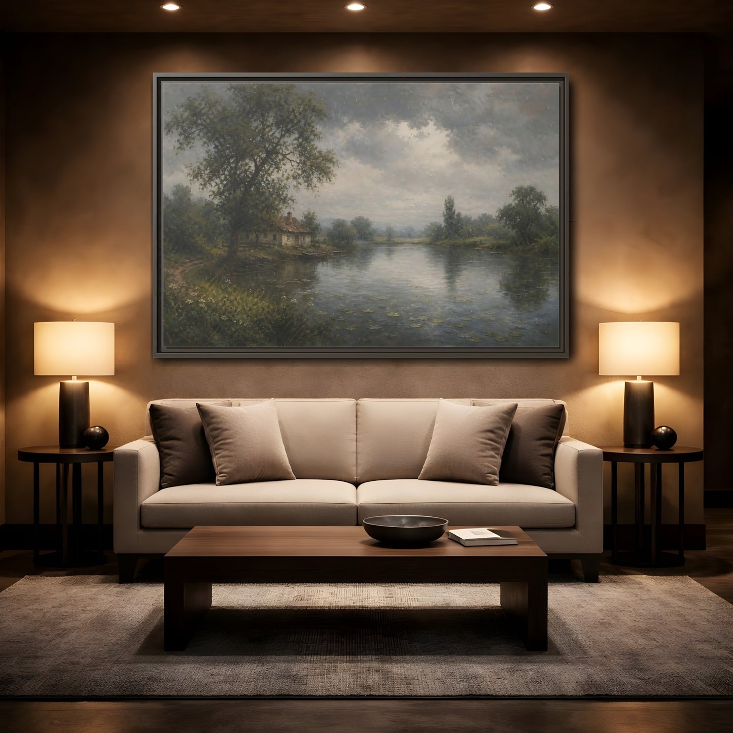 Mockup 2. Rainy Riverside Cottage shown as framed canvas print