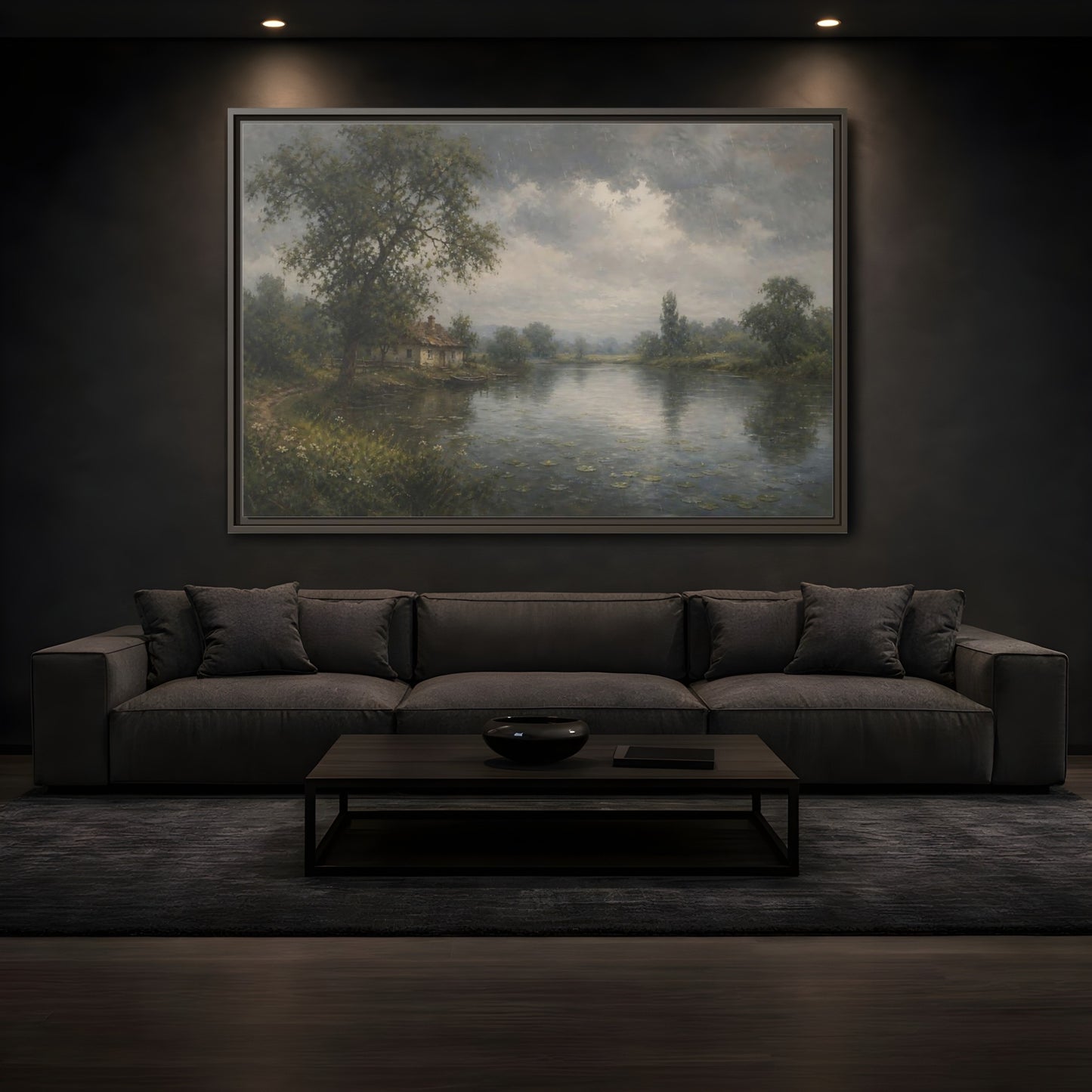 Mockup 3. Rainy Riverside Cottage shown as framed canvas print