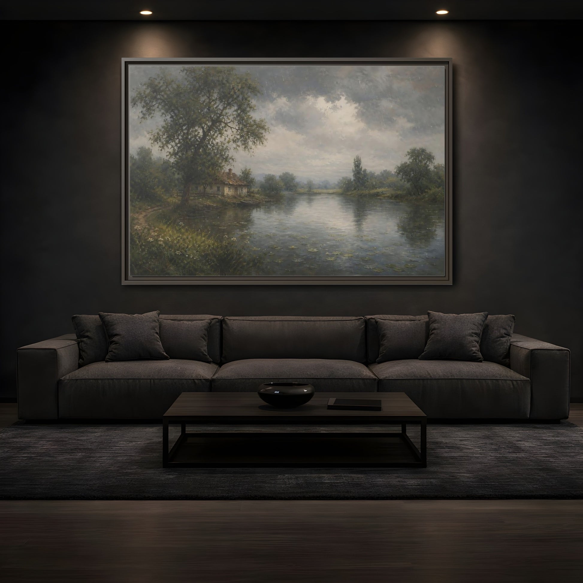 Mockup 3. Rainy Riverside Cottage shown as framed canvas print