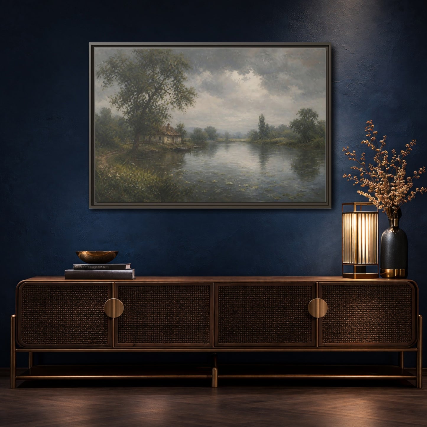 Mockup 4. Rainy Riverside Cottage shown as framed canvas print