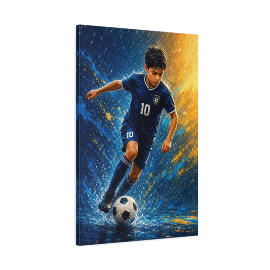 Main Mockup. Rainy Soccer Star shown as canvas print