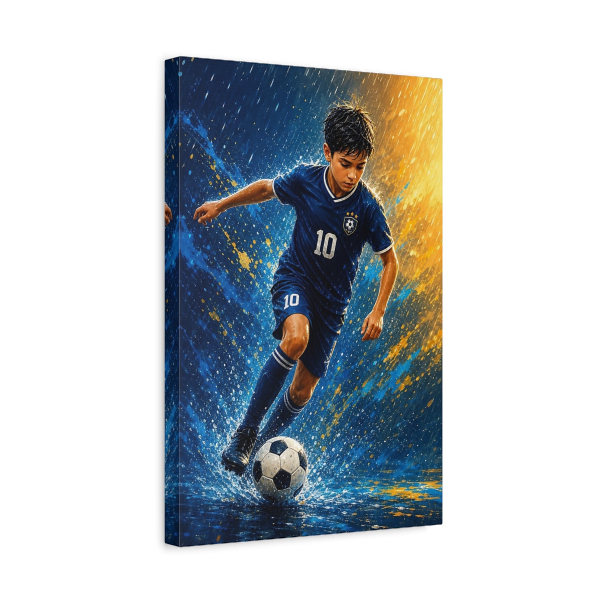 Side Mockup 4. Rainy Soccer Star shown as canvas print
