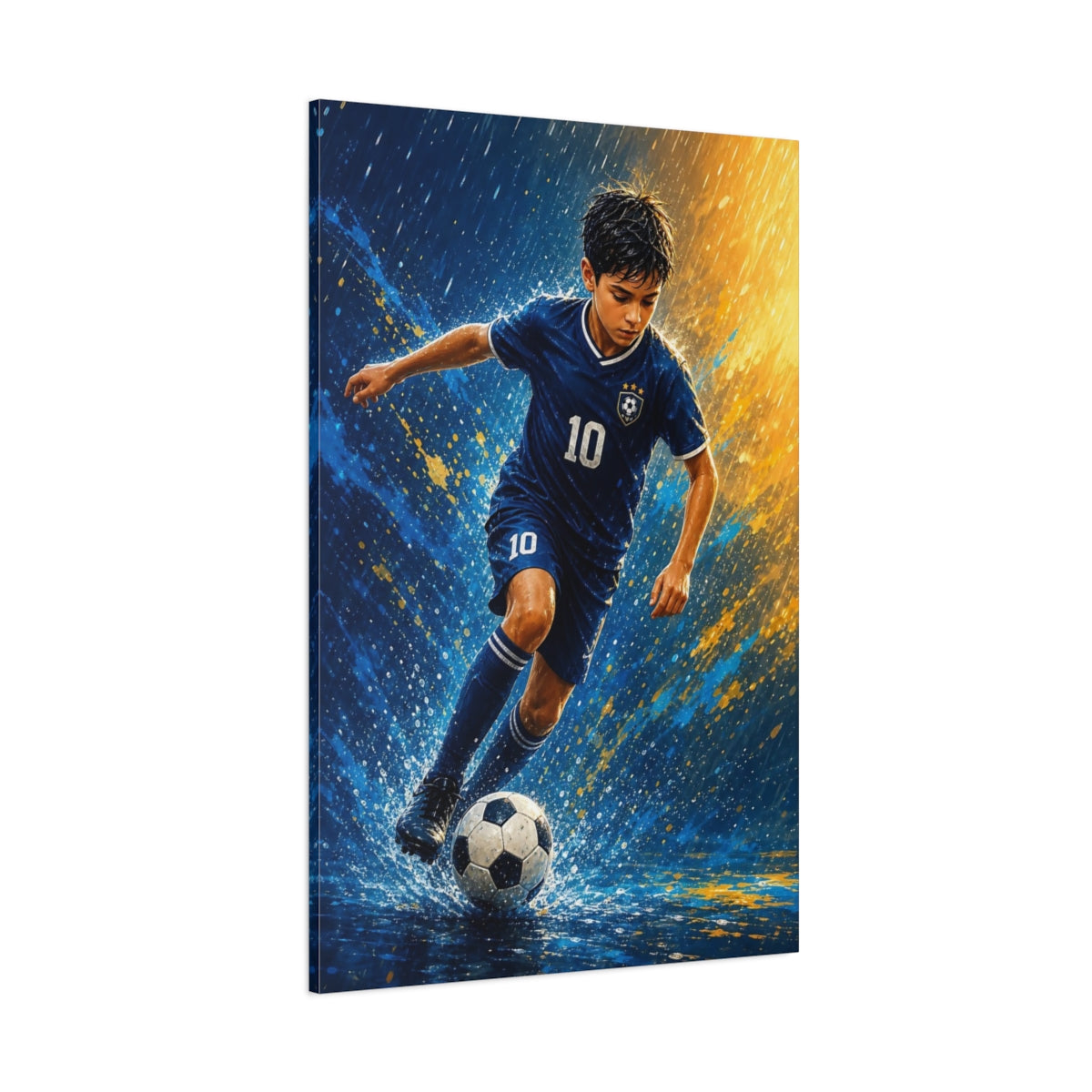 Side Mockup 1. Rainy Soccer Star shown as canvas print