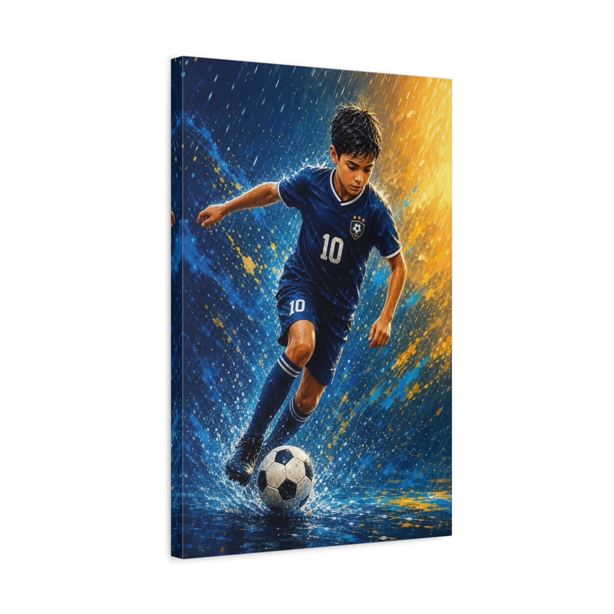 Side Mockup 3. Rainy Soccer Star shown as canvas print
