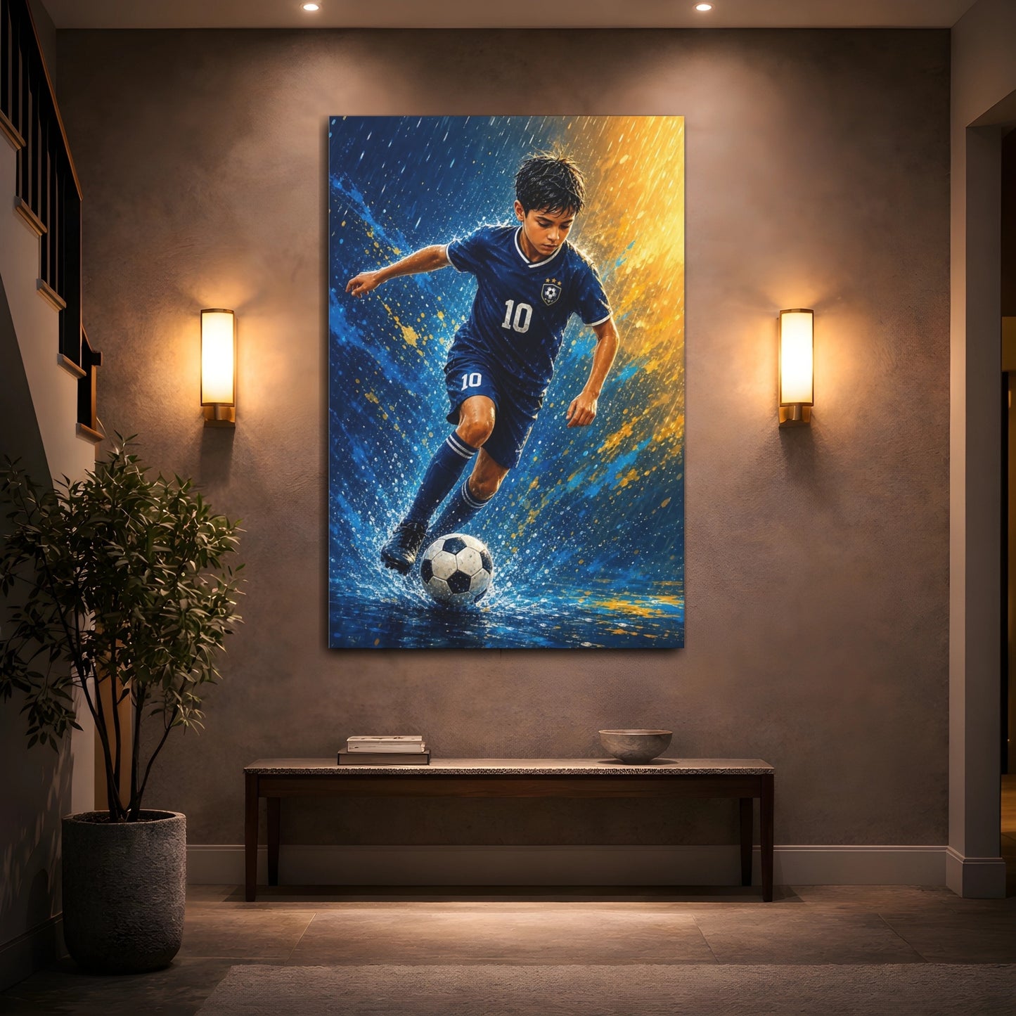 Mockup 2. Rainy Soccer Star shown as canvas print