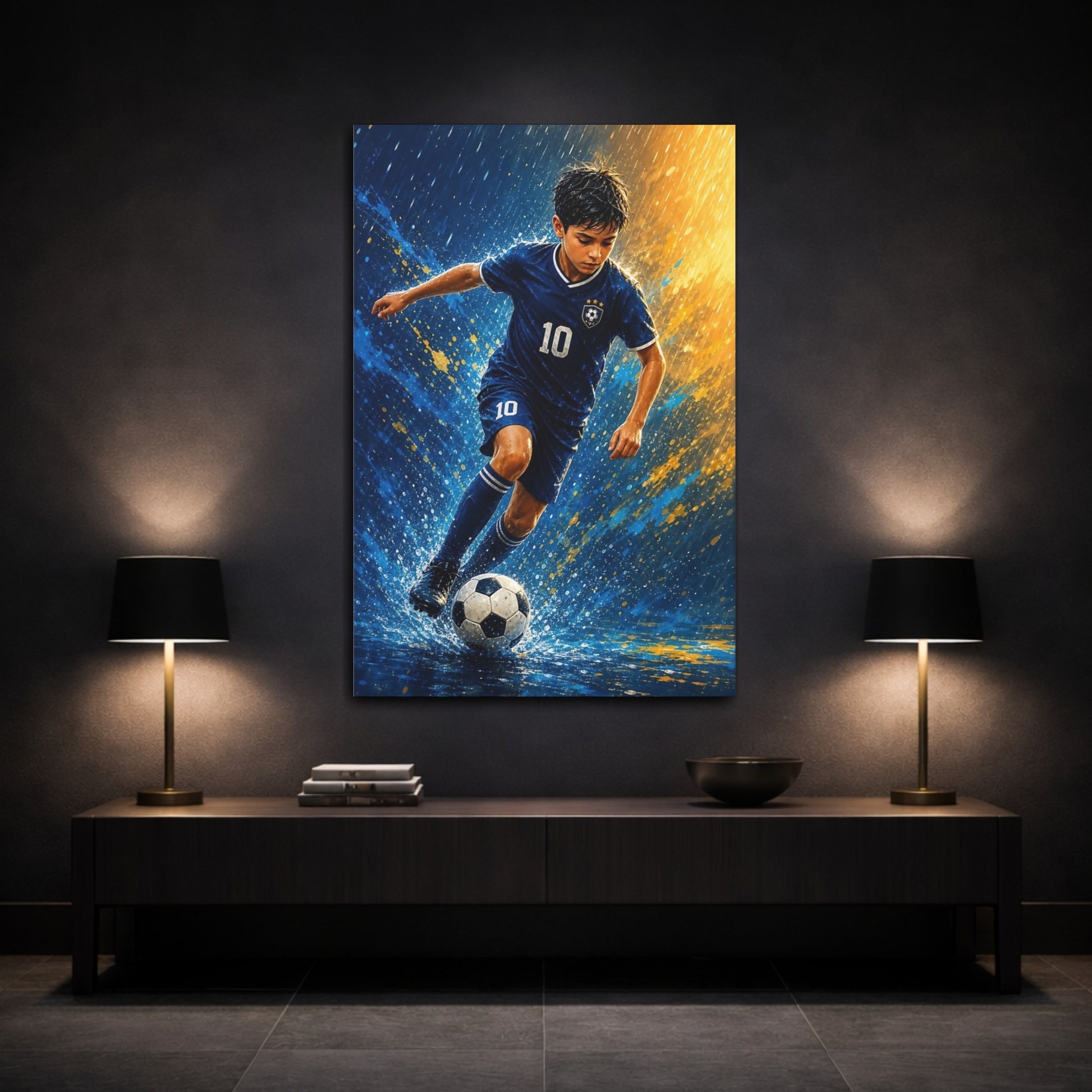 Mockup 3. Rainy Soccer Star shown as canvas print